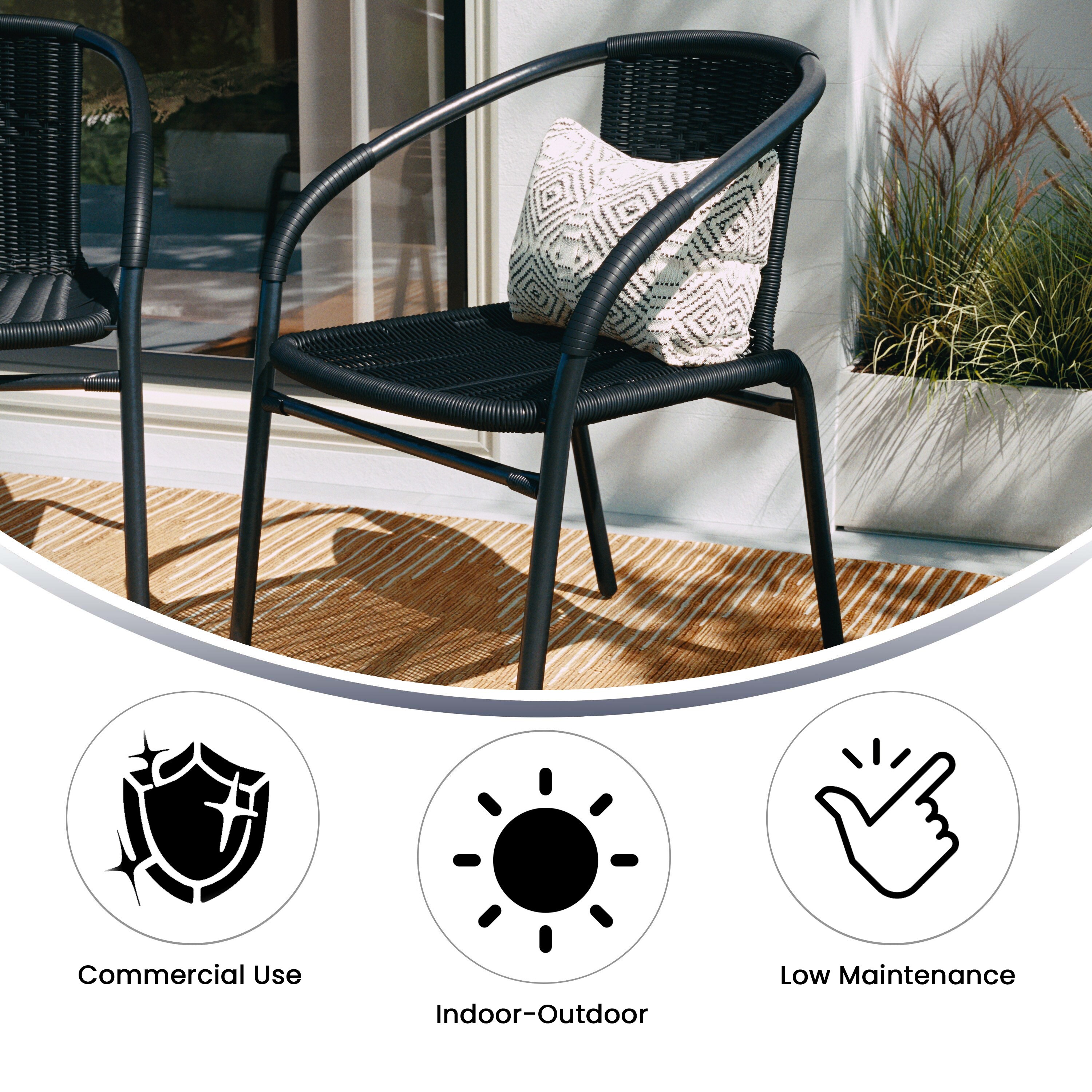 Black Rattan Stackable Outdoor Dining Chair, Pair
