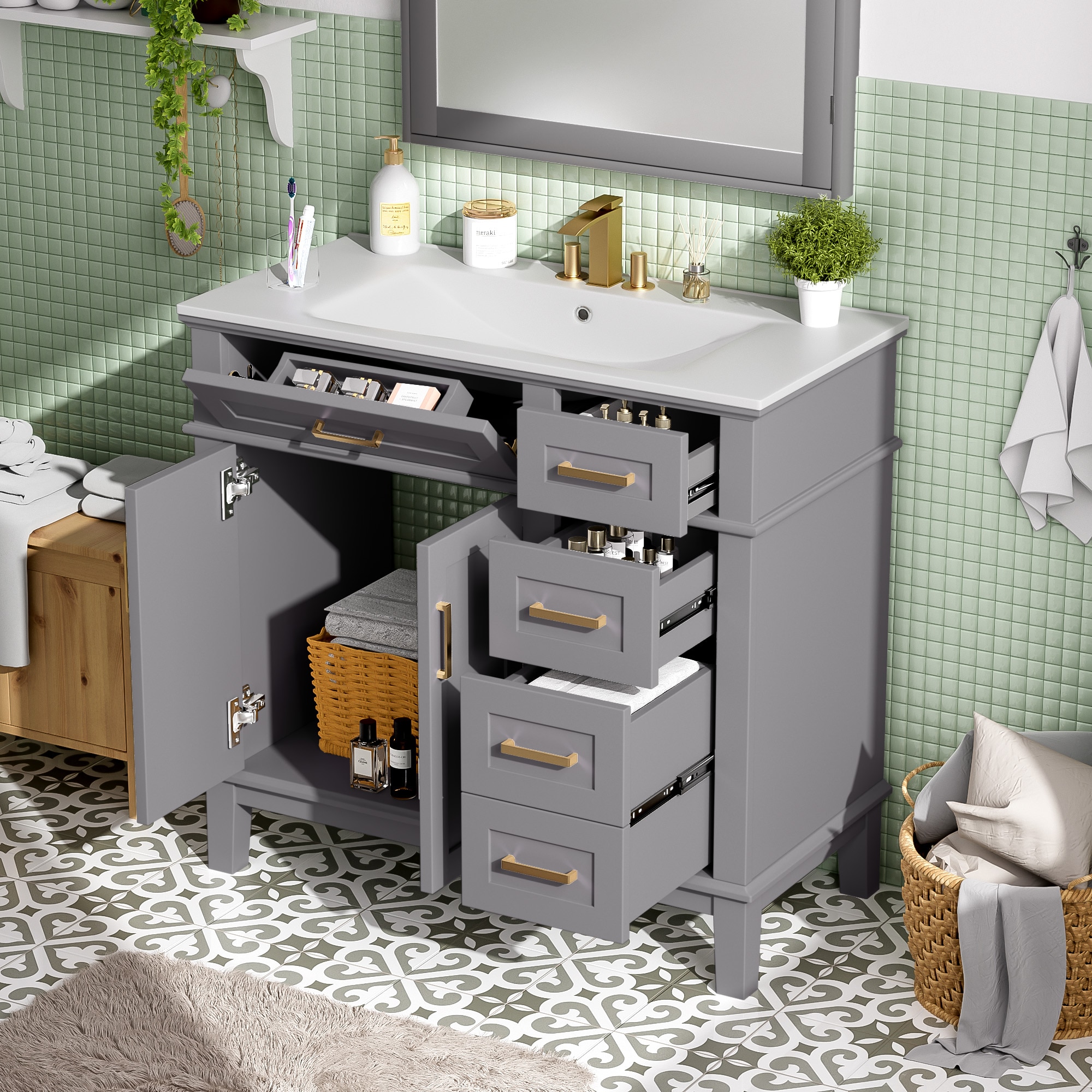 GDFStudio 345580 Ethan Modern 36 Inch Bathroom Vanity with Ceramic Sink -4 Drawers Soft Close-Grey