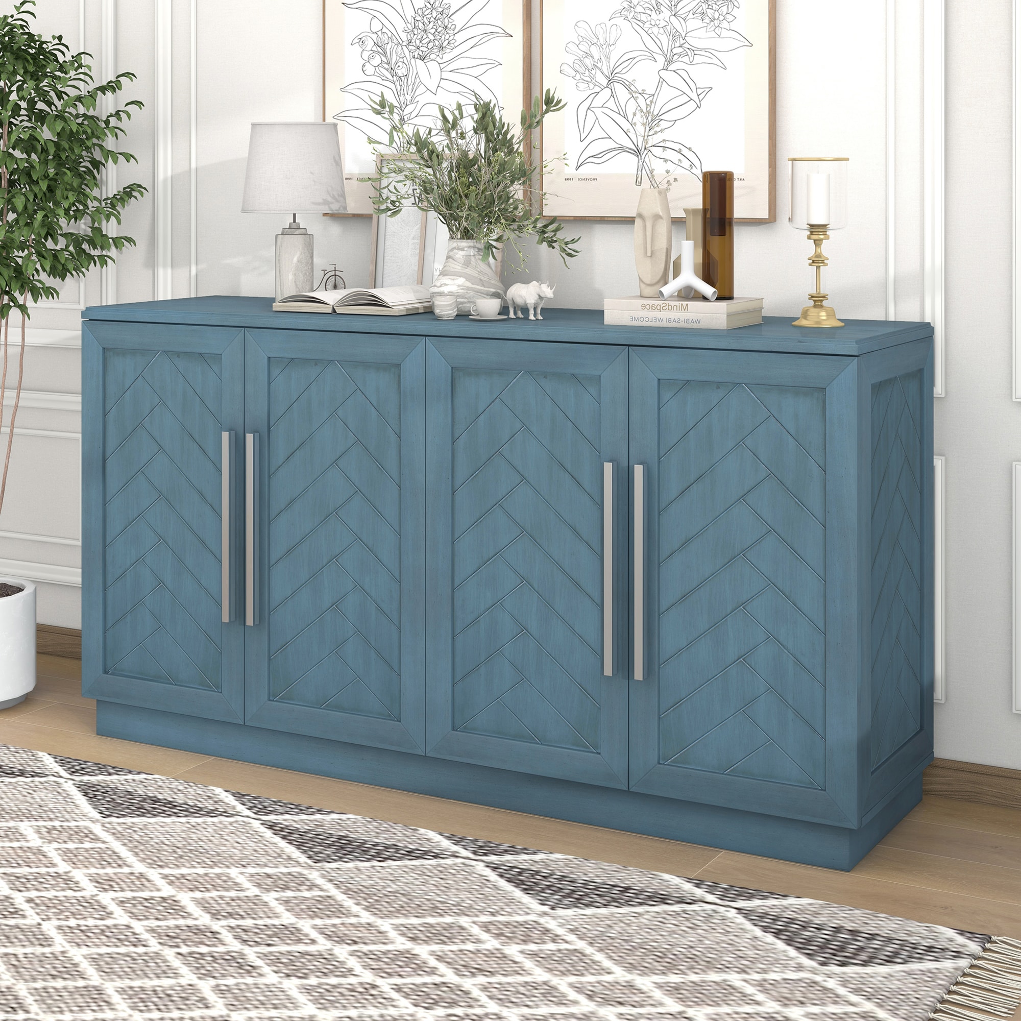 Qualler TRAPR0013M Contemporary/Modern Antique Blue Rubberwood Sideboard
