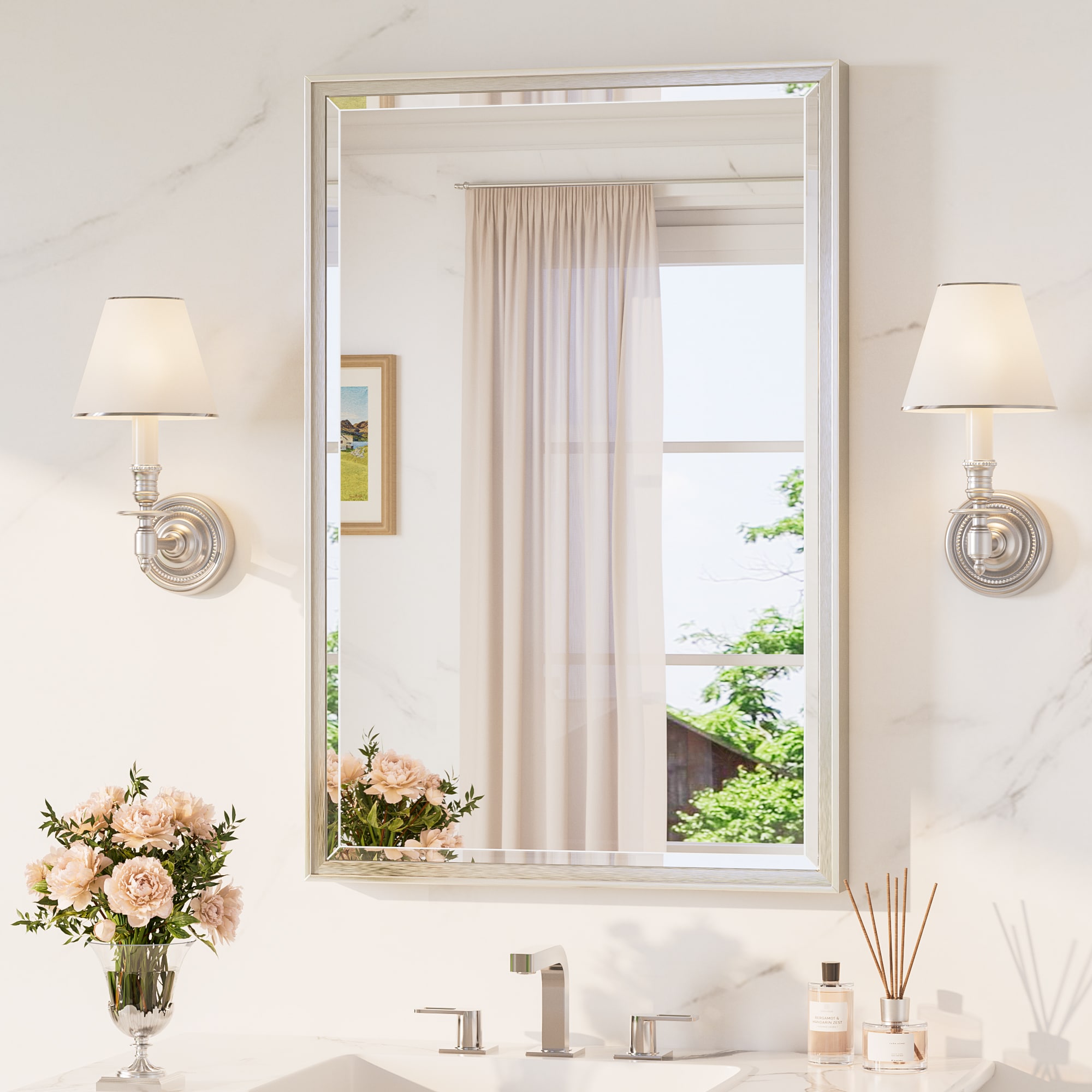 TETOTE Bathroom Mirrors 24x36 inch Beveled Rectangle Bathroom Vanity Mirror with Brushed Nickel Framed