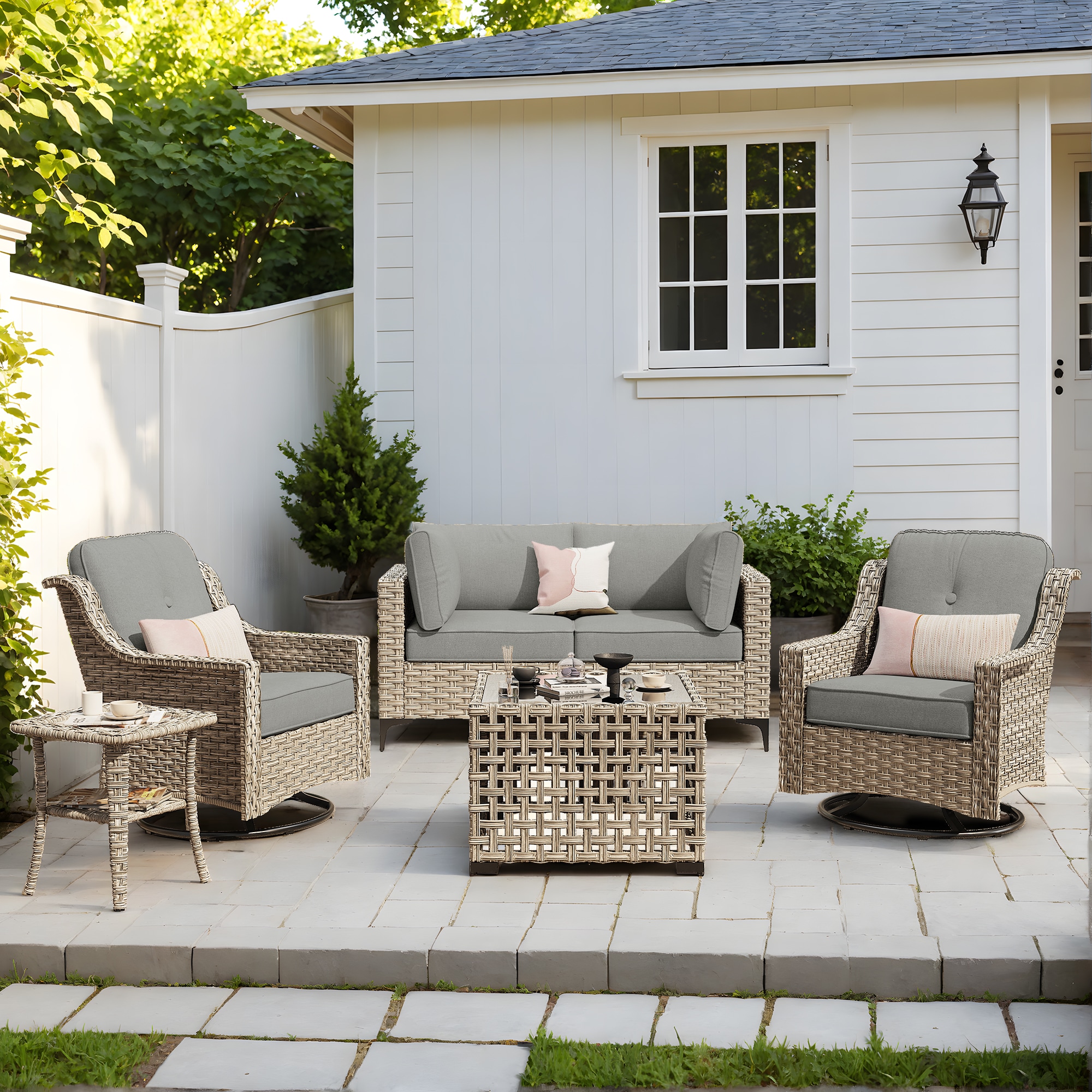 Pouuin SKT206 5 -Piece Wicker Patio Conversation Set with Dark Gray Cushions