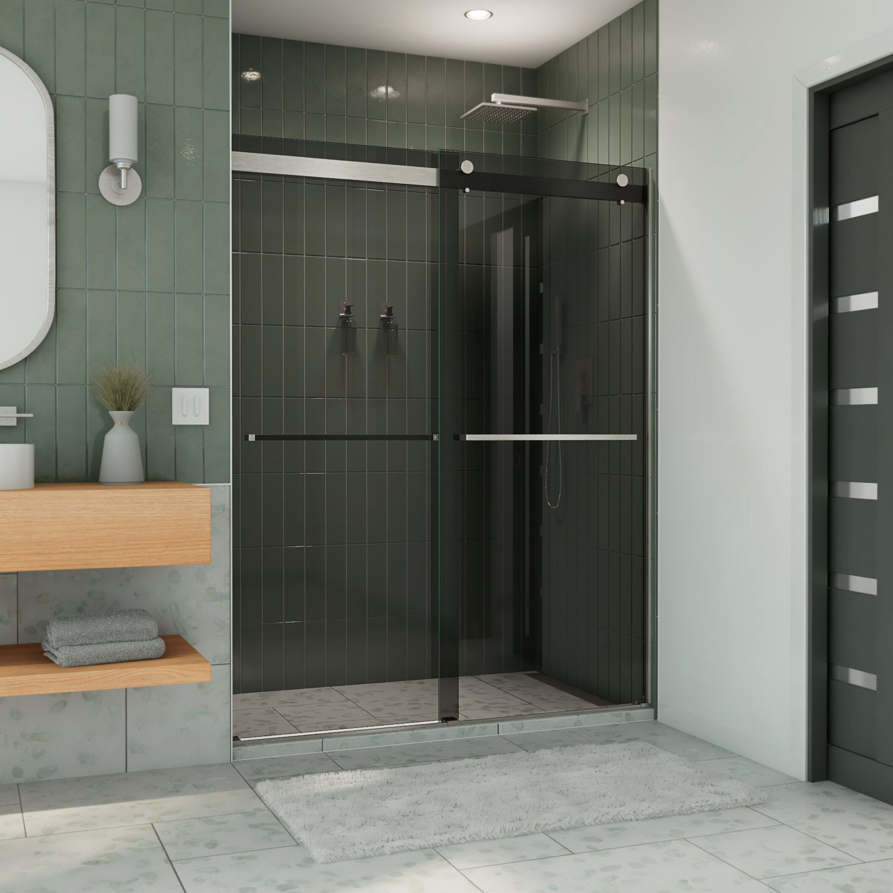 DreamLine SHDR-636076G-04 Essence Brushed Nickel 56-in to 60-in W x 76-in H Frameless Bypass Sliding Shower door 5/16-in Thick Smoke gray Glass