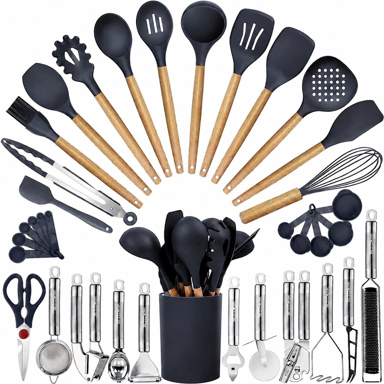 Vrbgify  35 Piece Kitchen Utensils Set with Heat Resistant Silicone Heads and Wooden Handles Complete Cooking Tools for Home and Outdoor Use