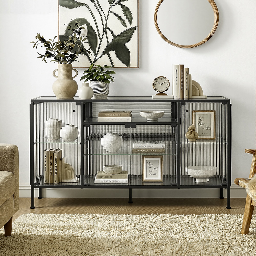 Homsee -  Modern Fluted Glass Display Cabinet with Three Color LED Lighting Multi Zone Shelving a...
