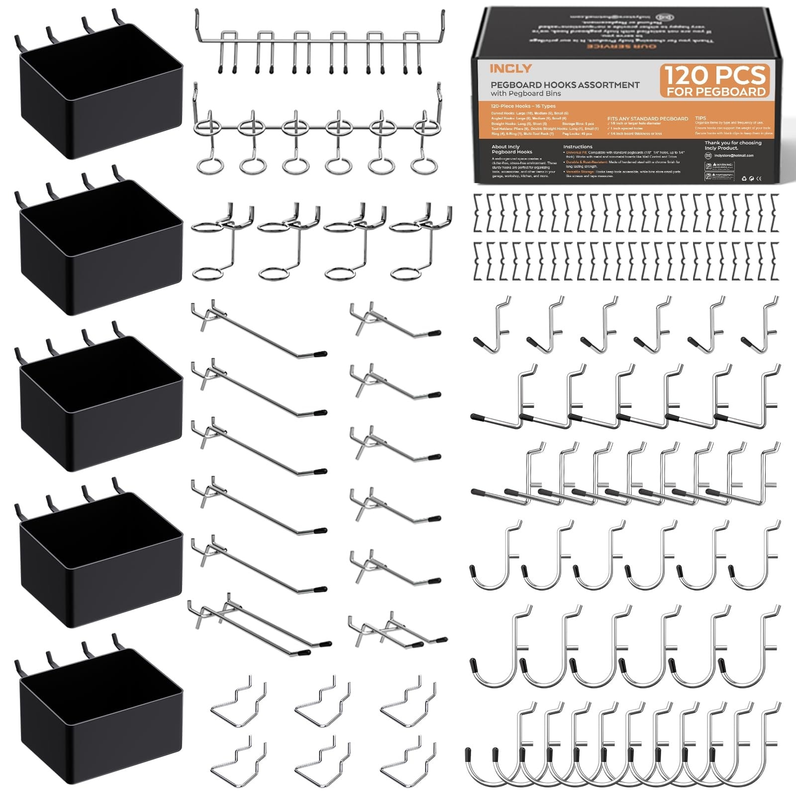 Aoibox  120 Piece Pegboard Accessories Organizer Kit with Hooks Bins and Peg Locks Fits 1 8 or 1 4 in Pegboards