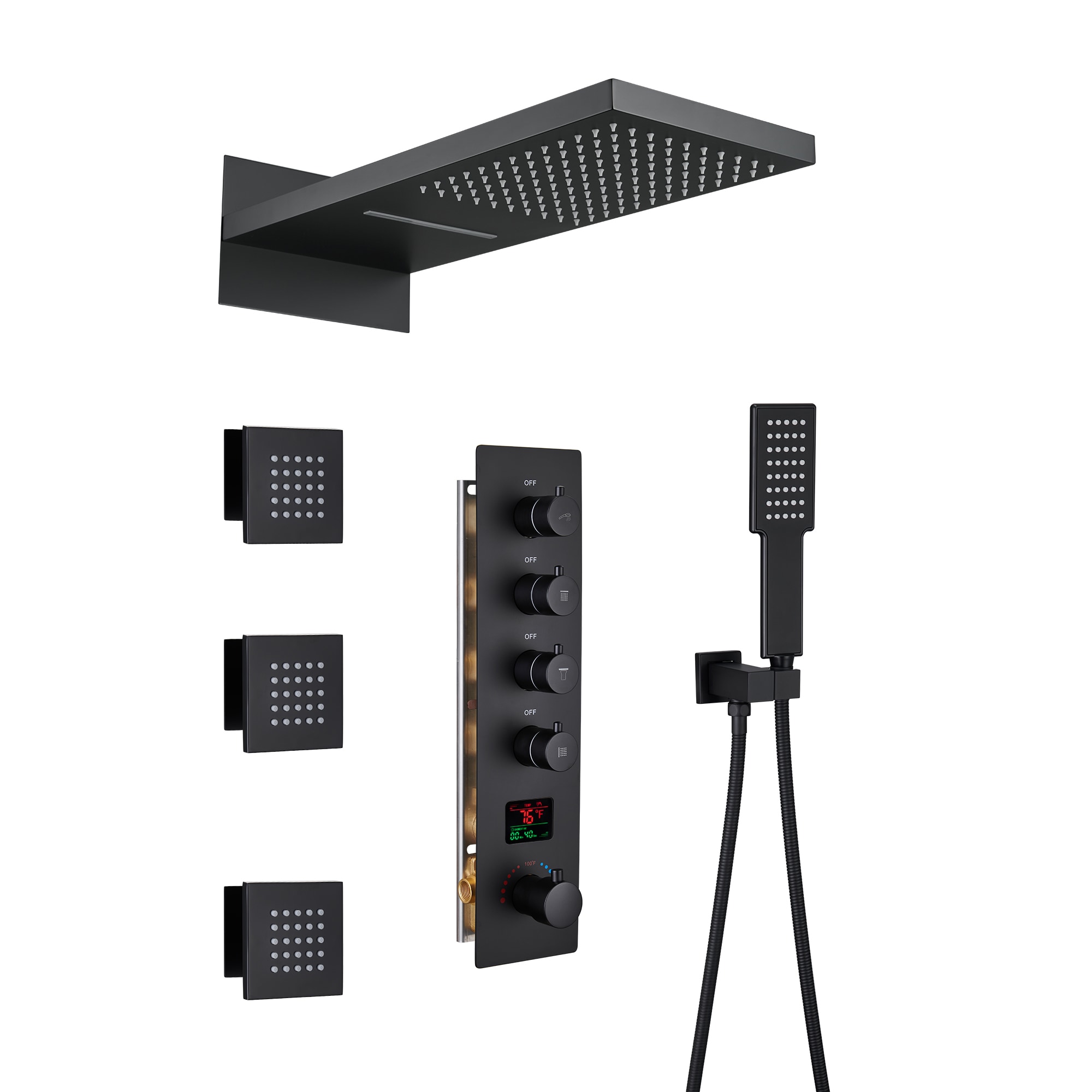 CASAINC KCHS0021-LEDBN 3-Function Digital Display Wall-Mount Shower System Matte Black 22-in Waterfall Built-In Shower Faucet System with 3-way Diverter ( Thermostatic Valve Included )