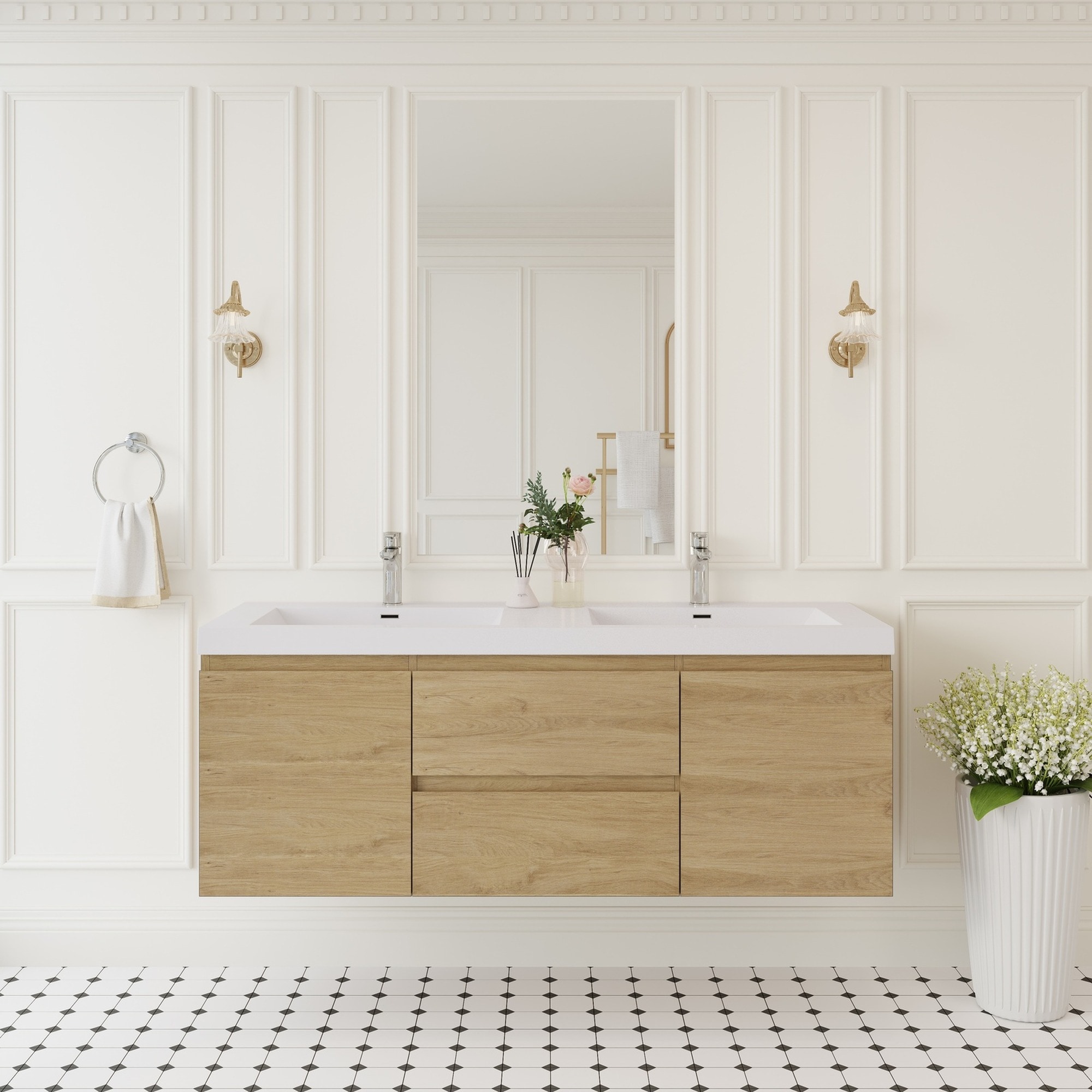 IAK 60 inch Natural Oak Floating Bathroom Vanity with Solid Surface Top Basin and Two Sinks with Soft Close Drawers Fully Assembled