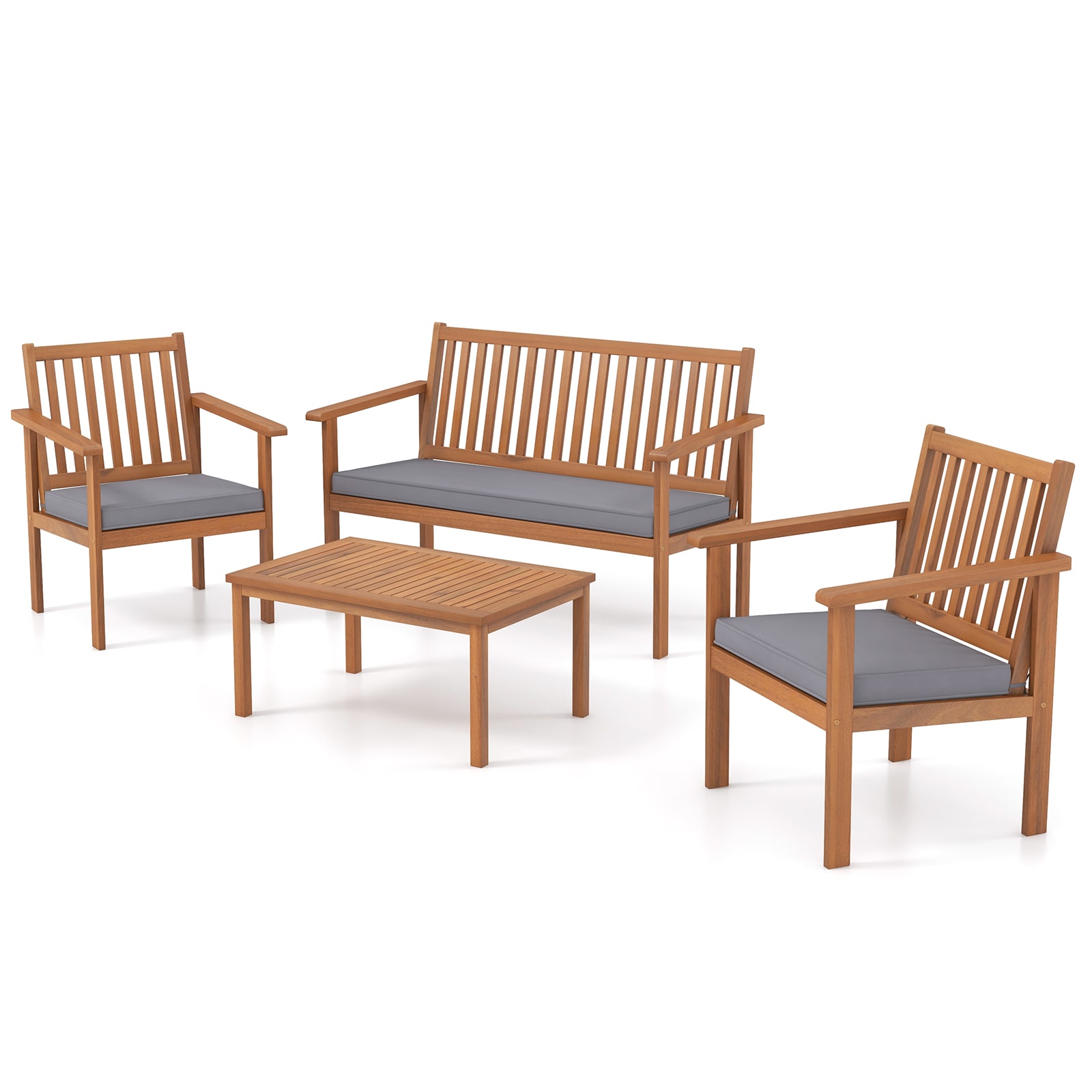 Slickblue D-CO-RG39027WH 4-Piece Acacia Wood Patio Conversation Set with Loveseat 2 Chairs and 1 Coffee Table Gray/ Navy Cushions for Backyard or Patio
