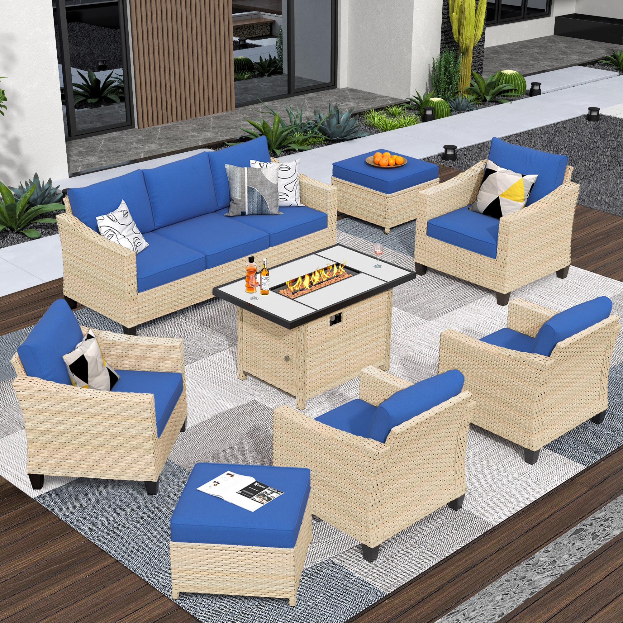 Pouuin SRFPDAR707 8 -Piece Rattan Patio Sofa Conversation Set with Blue Cushions