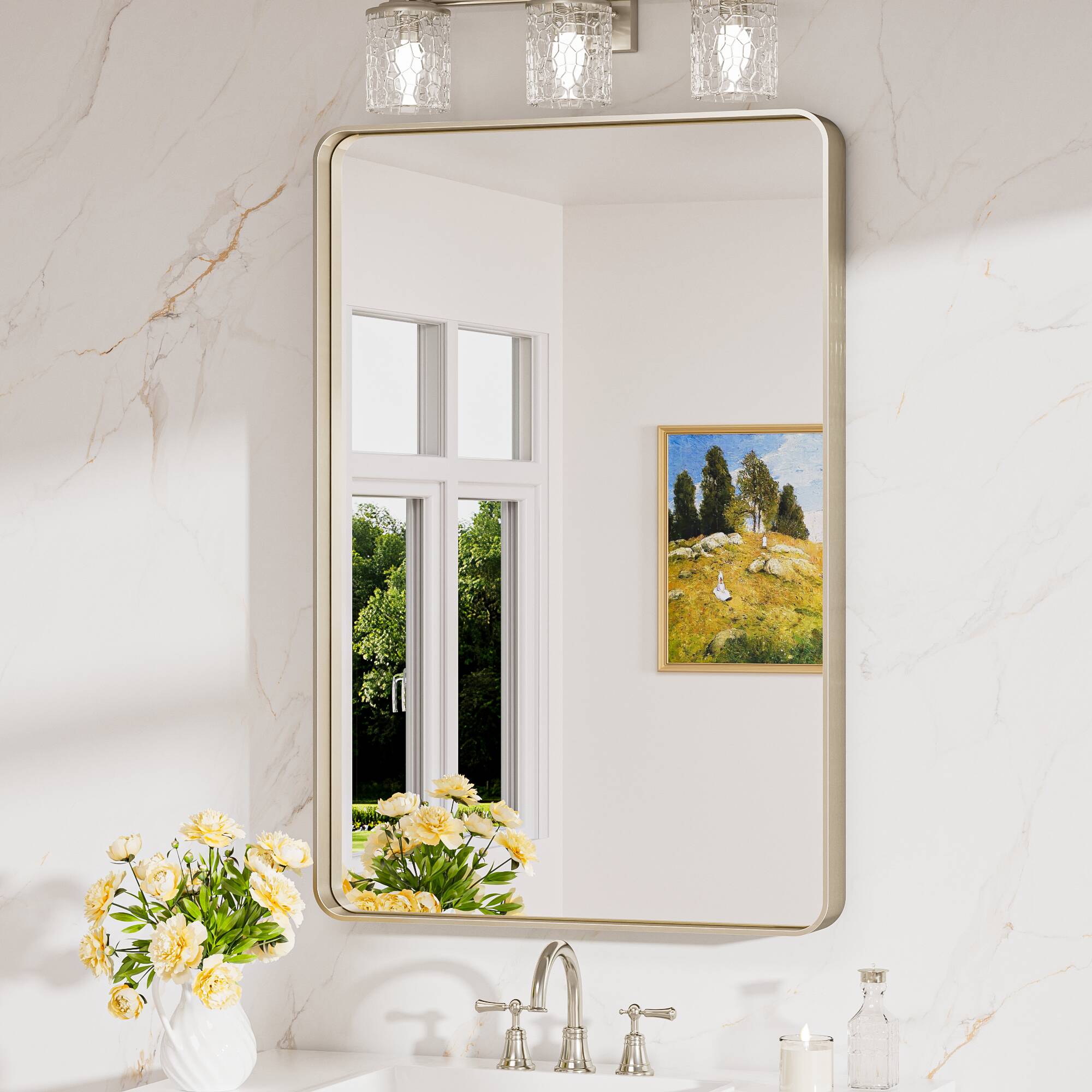 Keonjinn LW-JSKYJ2-6091NI Bathroom Mirrors 24-Inches W x 36-Inches H Rectangle Brushed Nickel Framed Wall Mirror