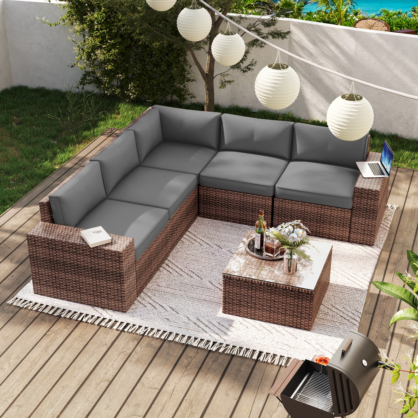 AOXUN G12039RDAB-PCS6 6 -Piece Rattan Patio Sofa Conversation Set with Gray Cushions