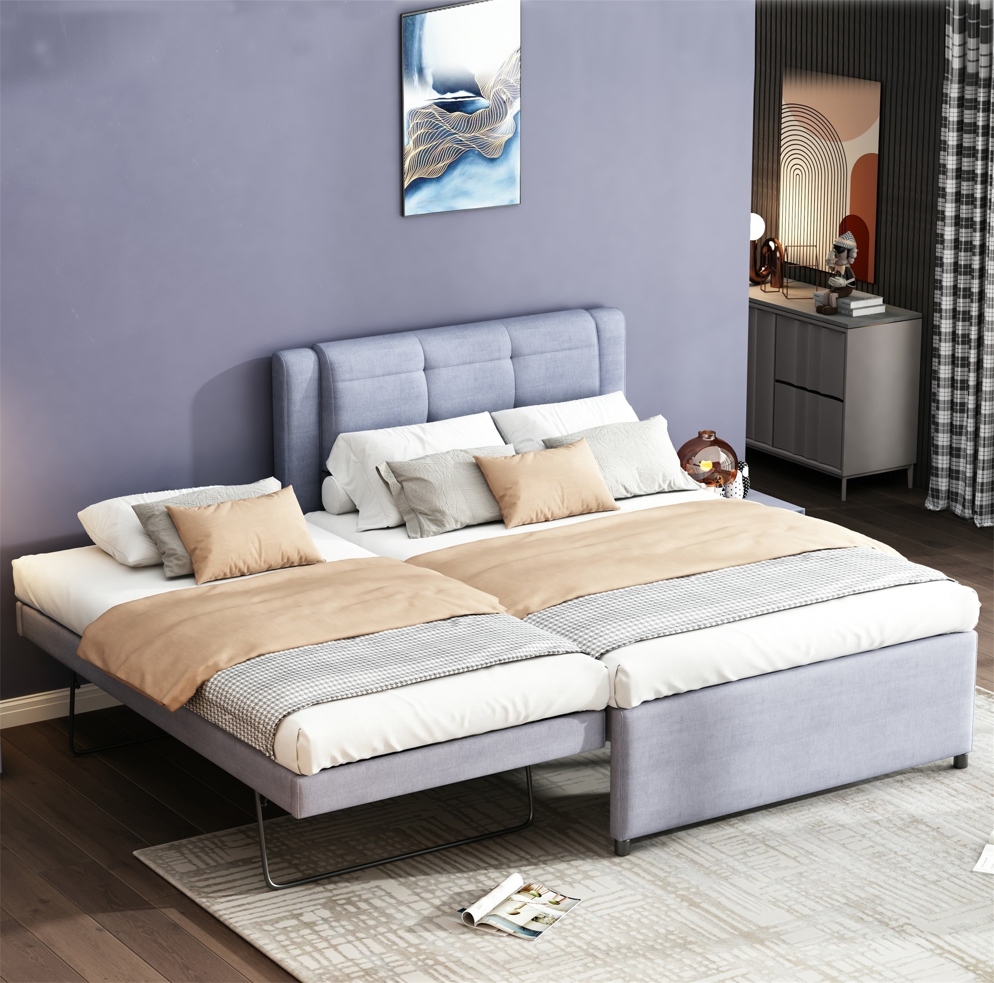 ModernLuxe L3P-DL001678AAE Full Size Upholstery platform bed with TrundleTrundle can be flat or erected Gray