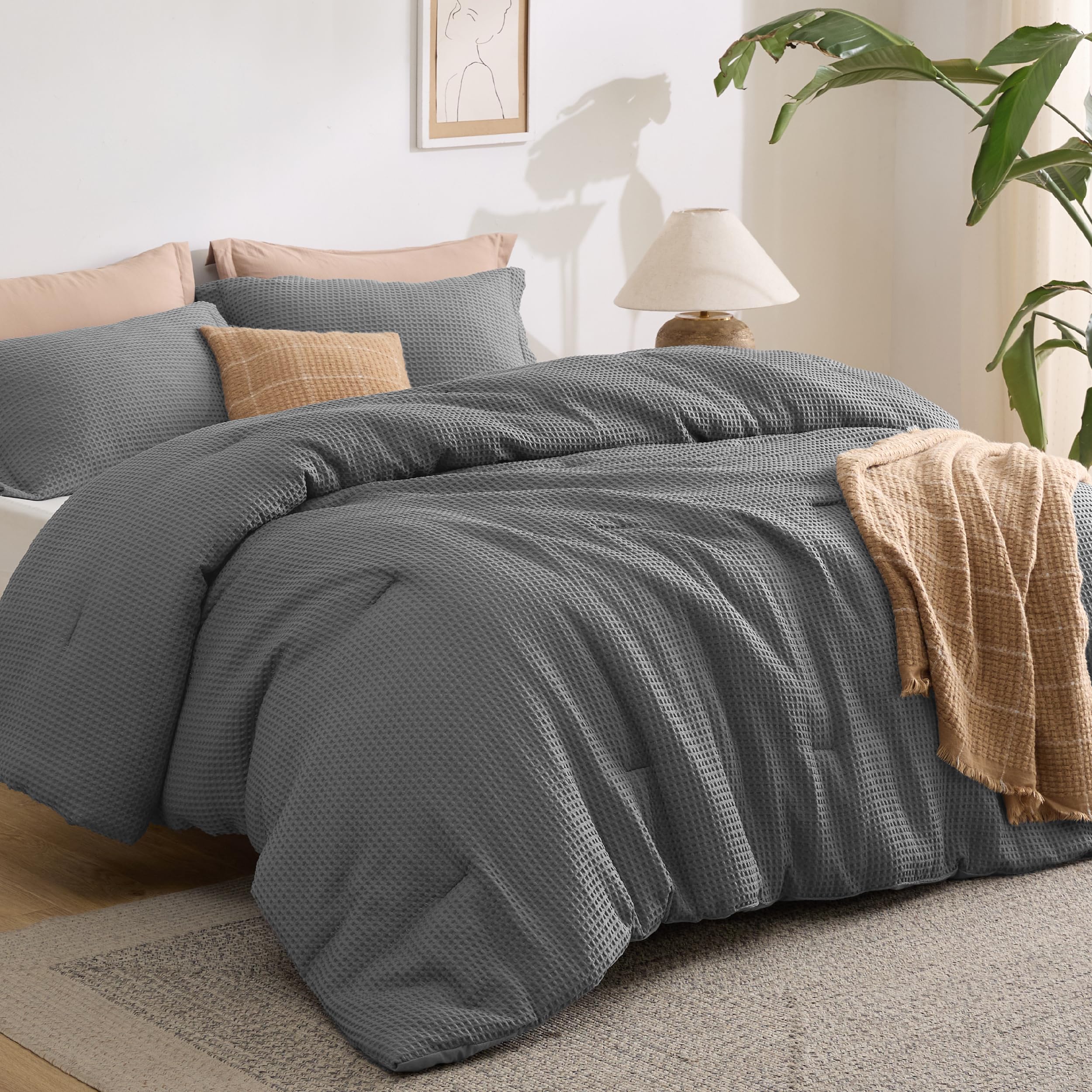 Bedsure Waffle Comforter Set King Linen Prewashed Microfiber Soft Breathable Lightweight Warmth 3 Pieces All Seasons