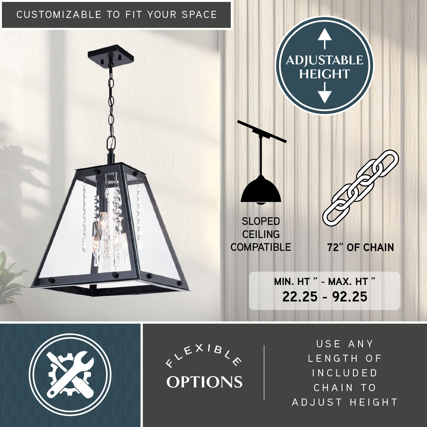 Tremont Urban Loft 15" Mini Pendant in Matte Black with Crystal Strands