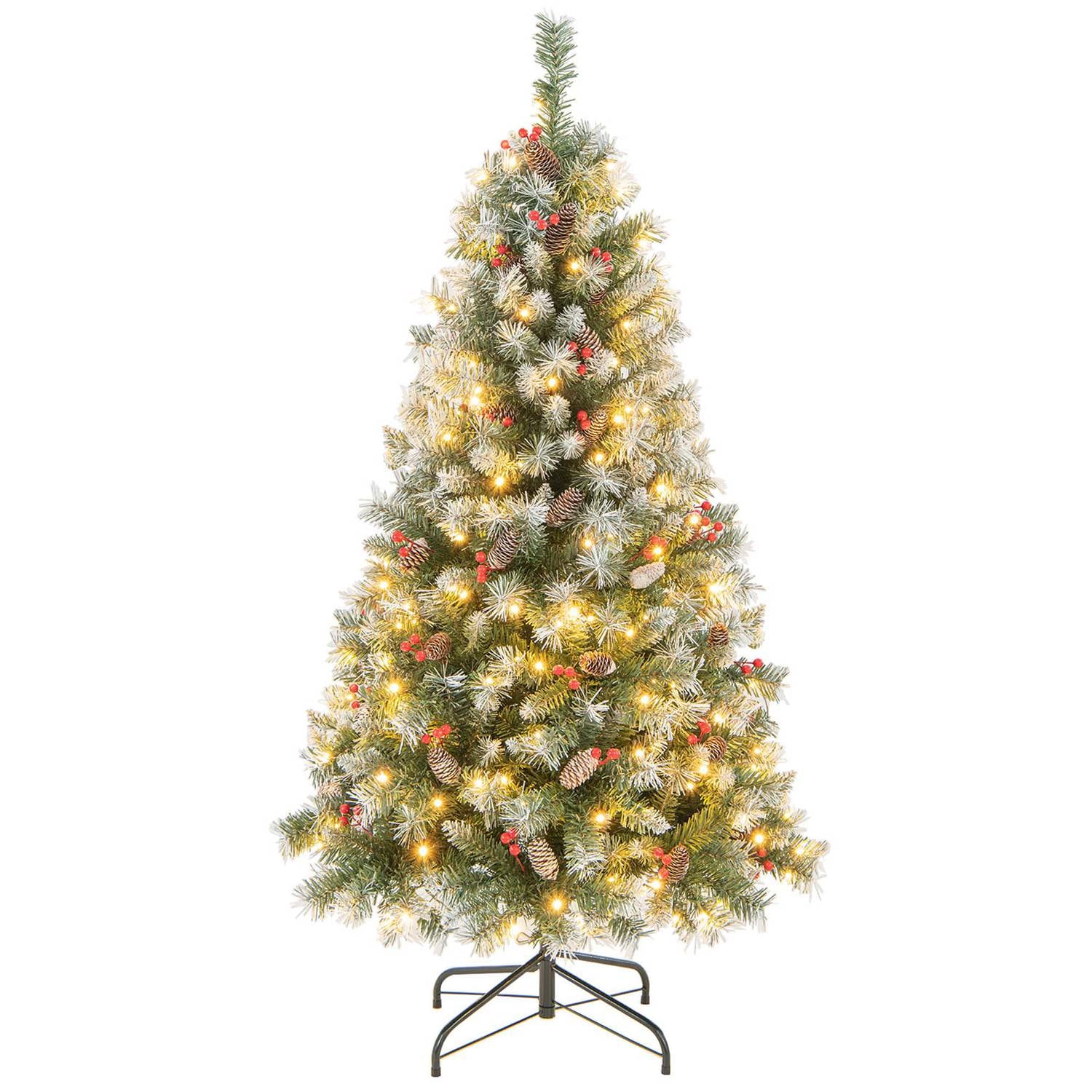 Costway CSHY000479 5 FT Artificial Christmas Tree Hinged with 200 Warm LED Lights and 126 Red Berries