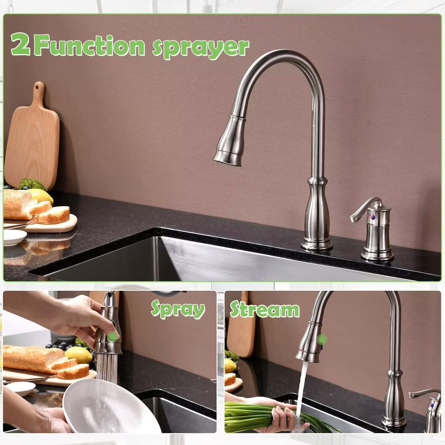 APPASO Brushed Nickel Single Handle Kitchen Faucet With Sprayer (Deck ...