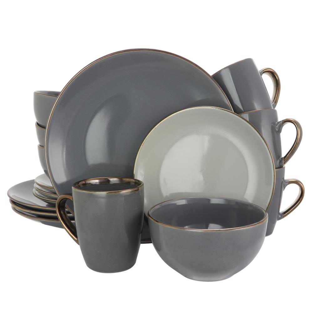 Elama Modern Round Stoneware 16-Piece Dinnerware Set, Gray - Microwave ...