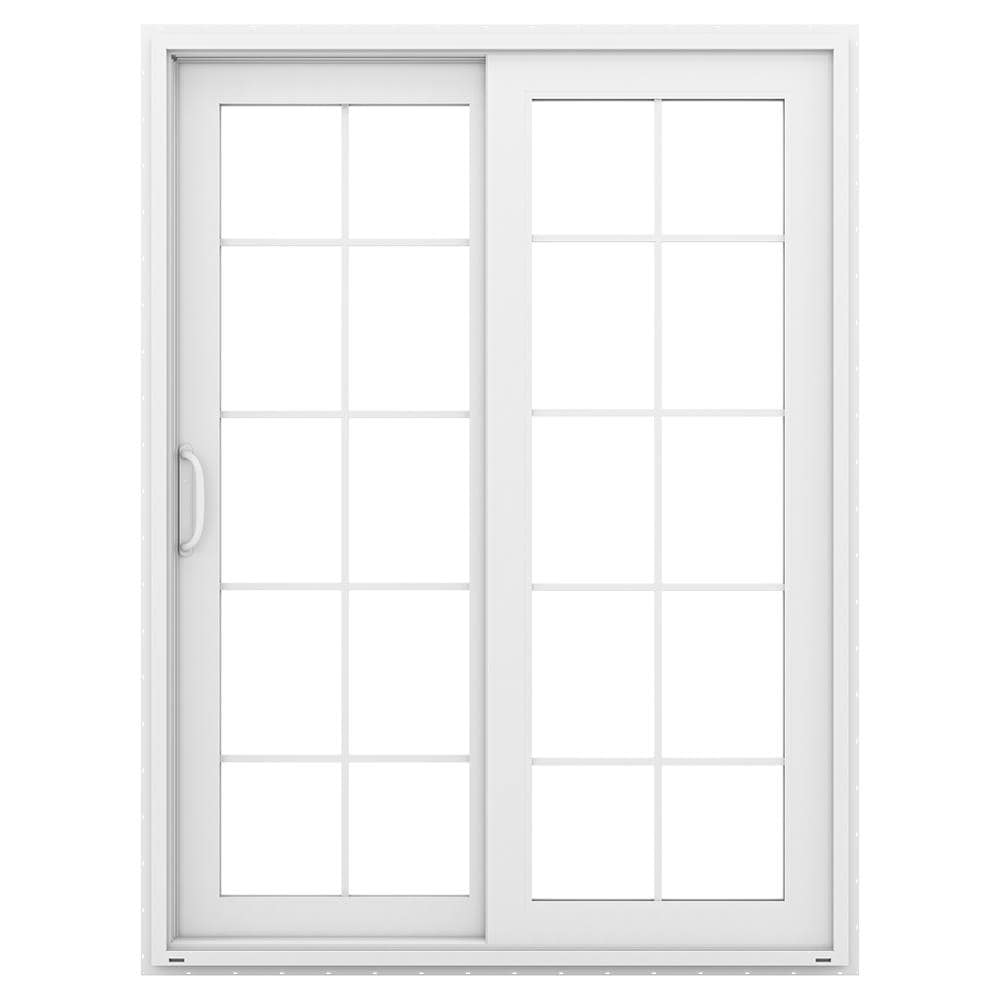 JELD-WEN 60-in x 80-in x 4-9/16-in Jamb Low-e Argon Simulated Divided Light White Vinyl Sliding Left-Hand Sliding Double Patio Door Screen Included -  LOWOLJW155900004