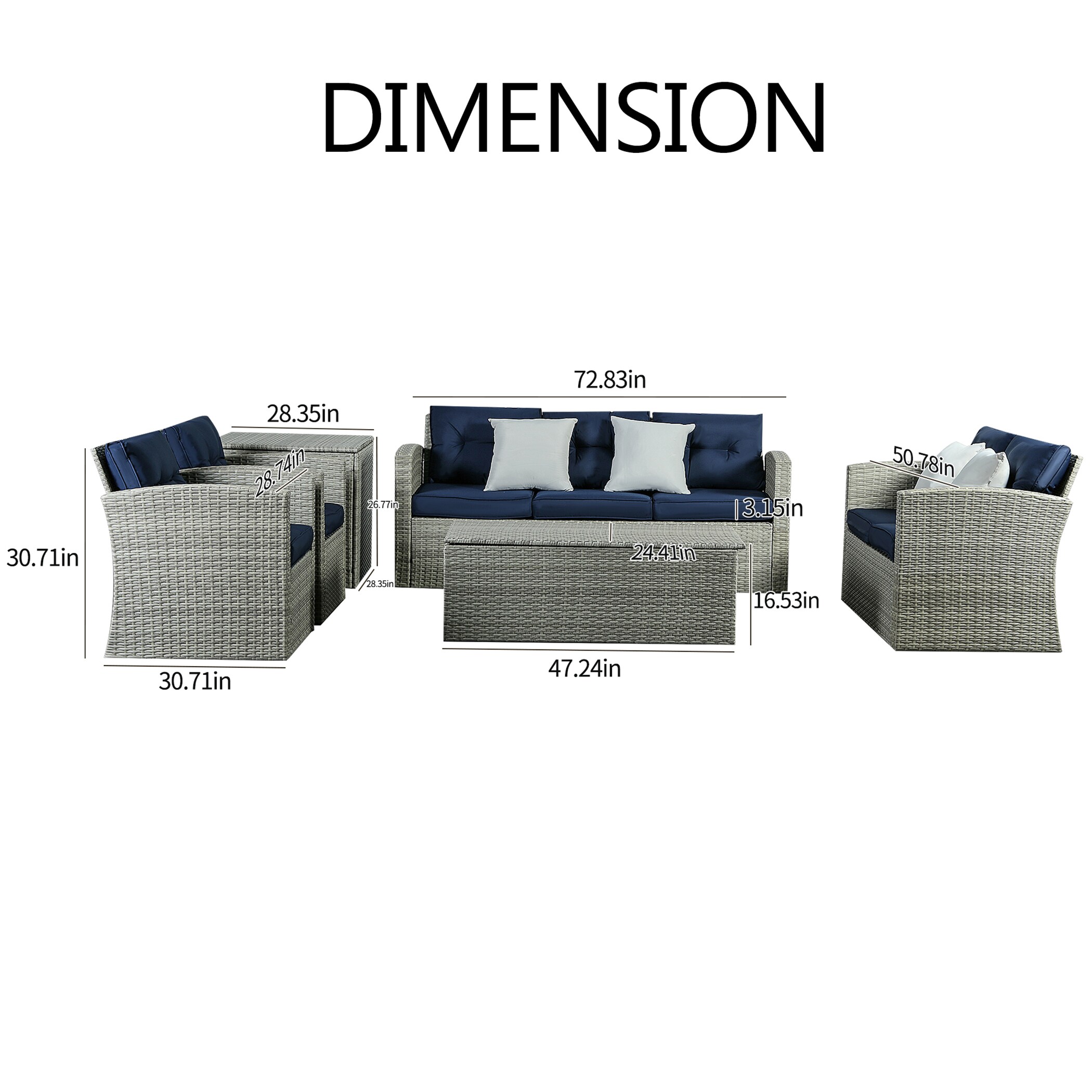 Unity 7-Piece Rattan Patio Conversation Set with Blue Cushions in the ...