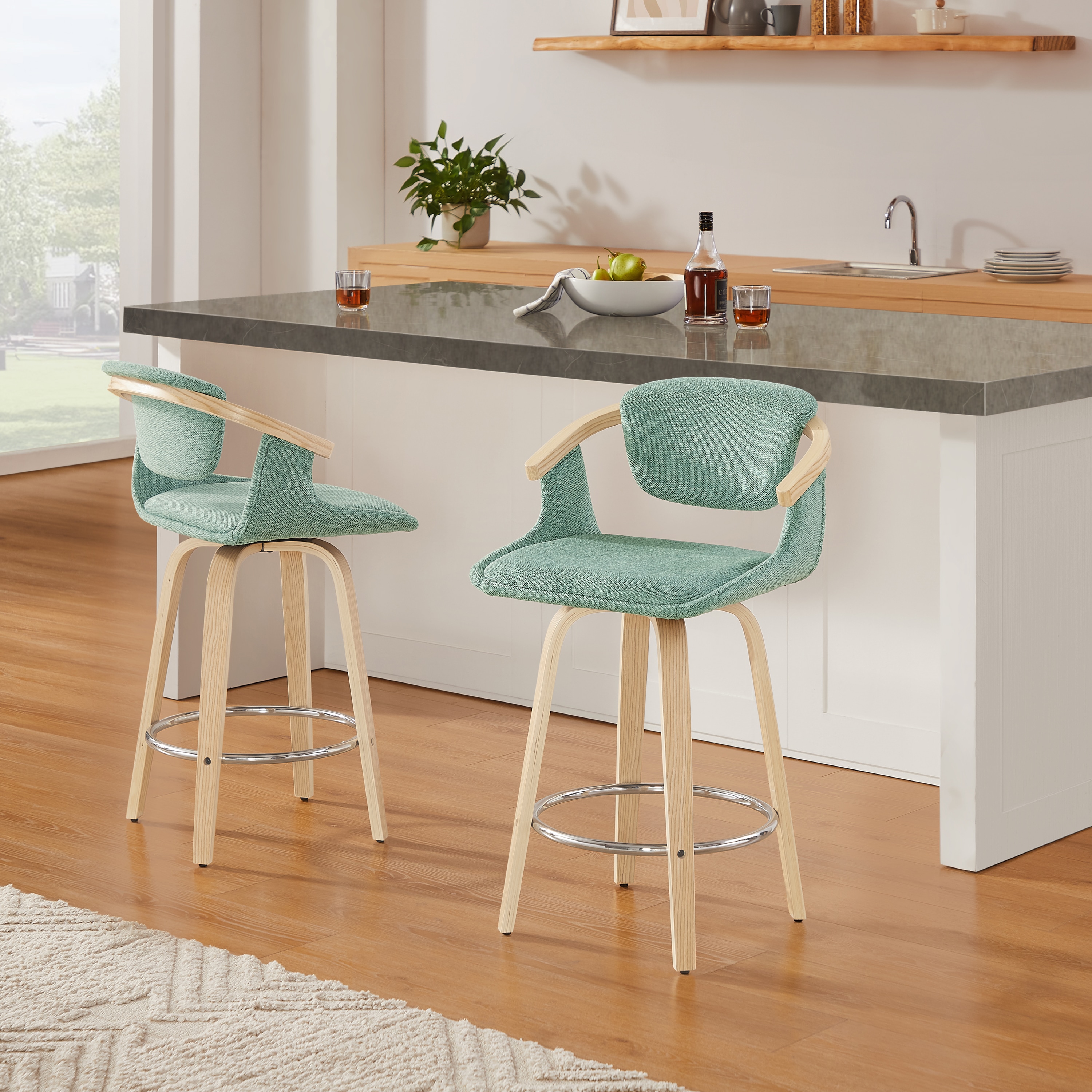 Art Leon BS020-1-DG Green 21.26-in H Short (less than 23-in) Square Seat Upholstered Swivel Wood Bar Stool with Arms