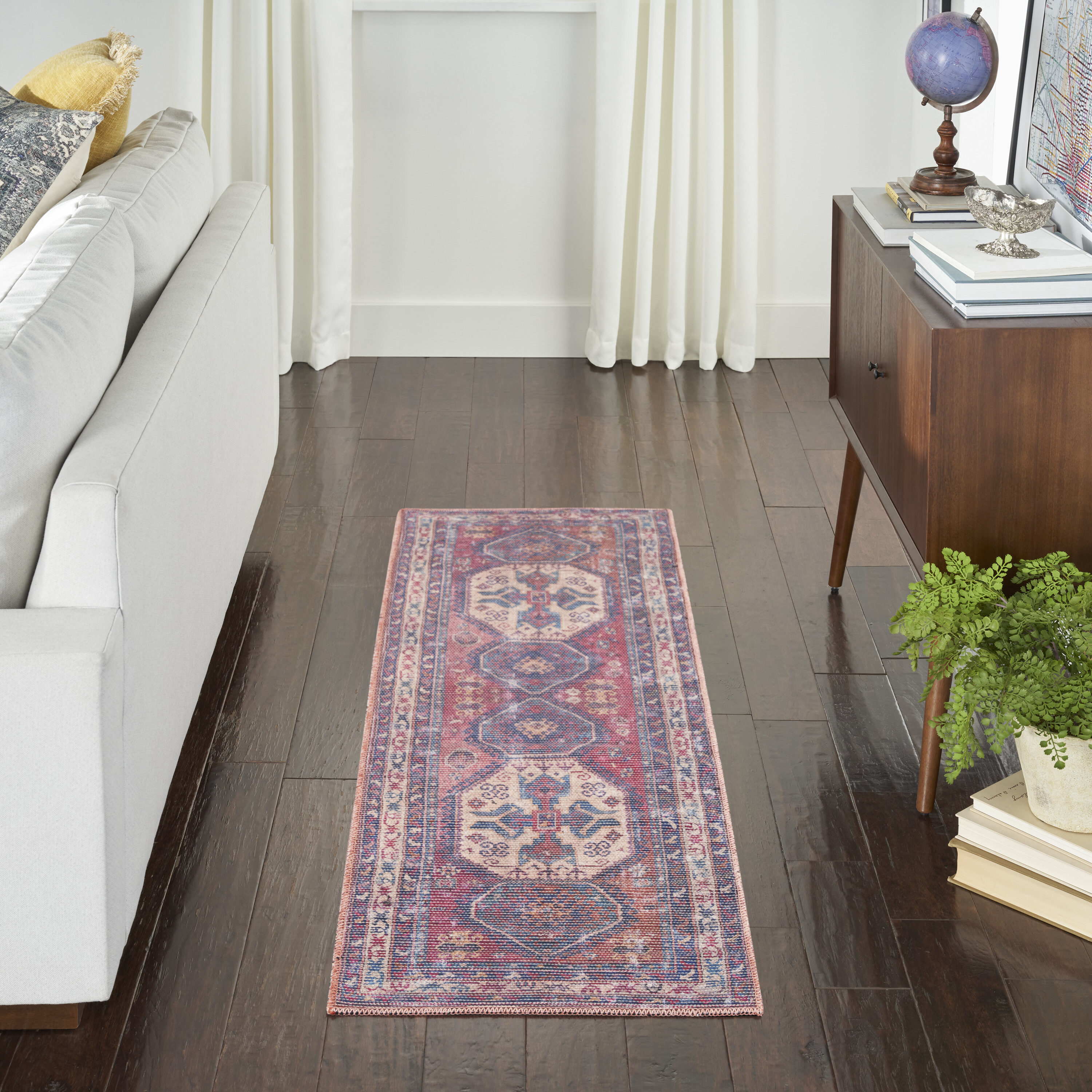 Nicole Curtis 099446908186 Machine Washable Series 1 2 x 8 (ft) Loomed Polyester Red/Navy Rectangular Indoor Border Vintage Machine washable Runner rug
