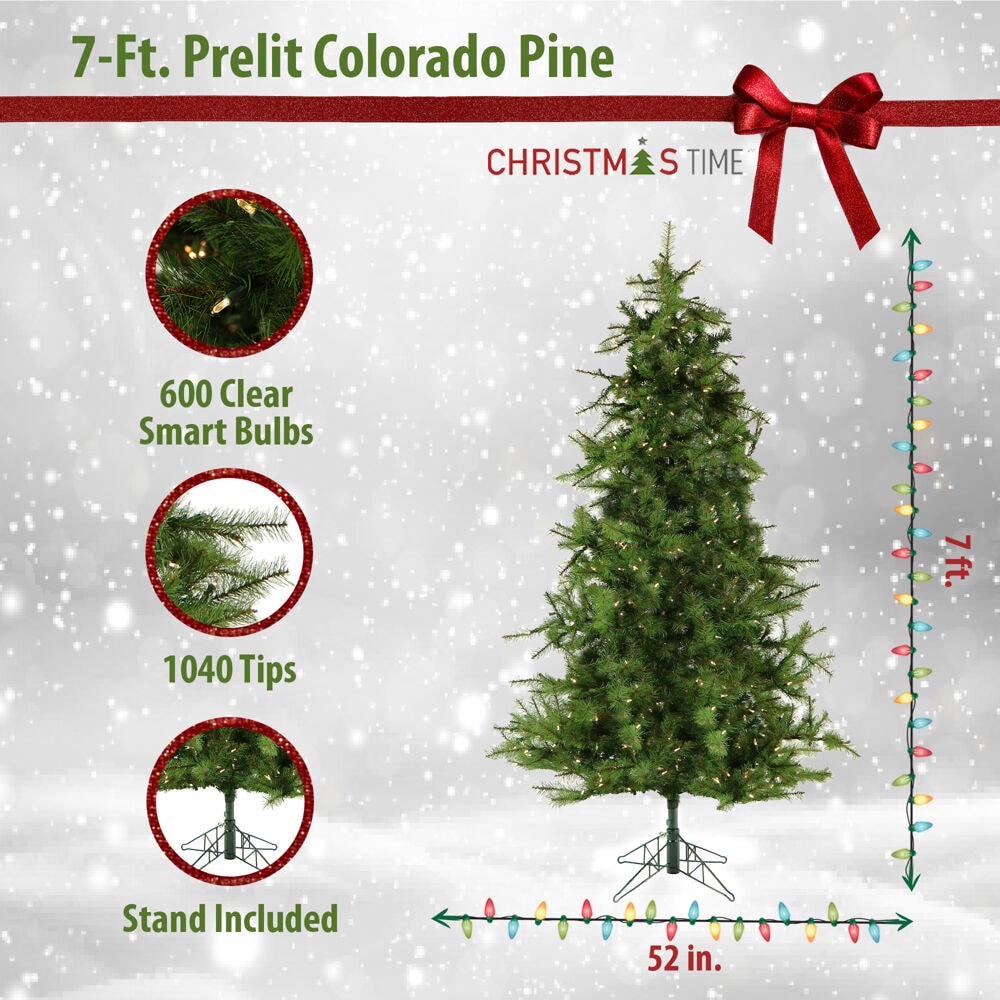 Christmas Time 7-ft Colorado Pine Pre-lit Artificial Christmas Tree ...