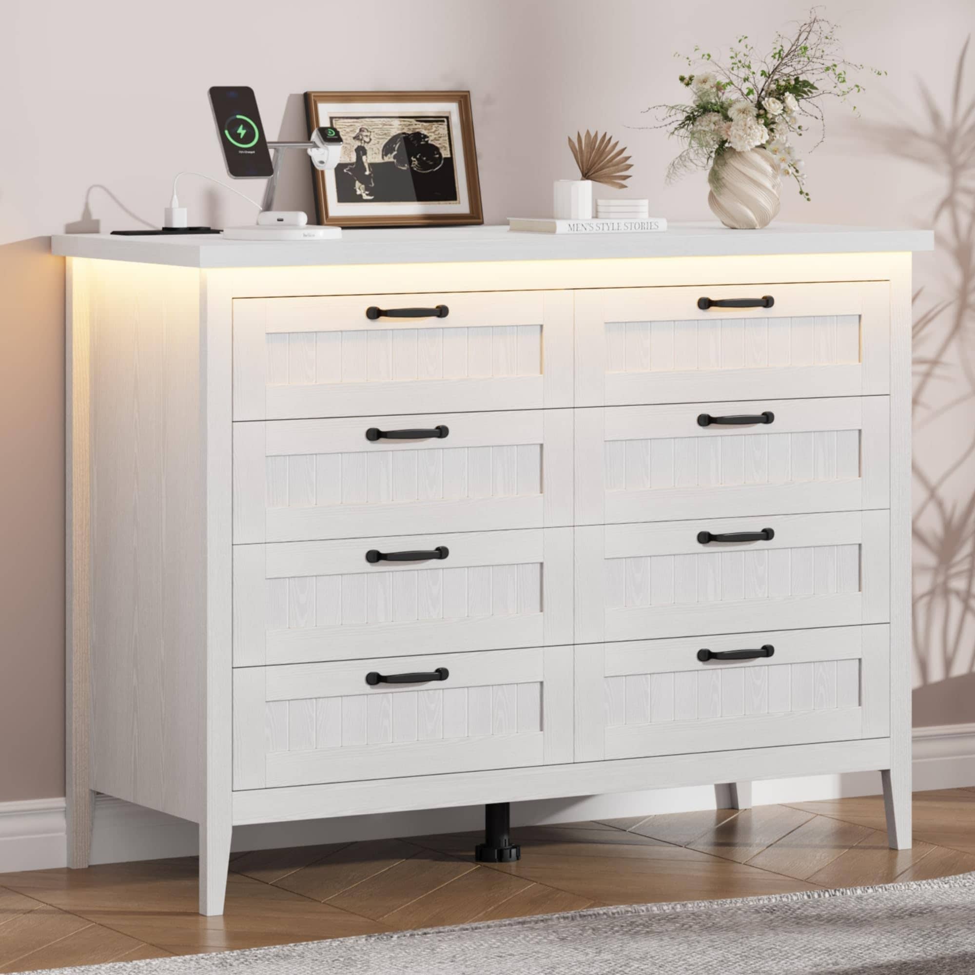 IdealHouse Modern White 8 Drawer Dresser with LED Lights and Power ...