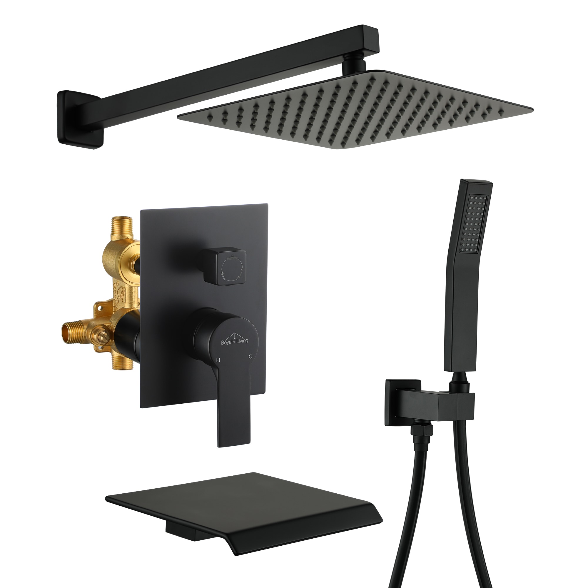 Clihome CSMD-BS880-18B10 Matte Black 10-Inches Waterfall Dual Head Built-In Shower Faucet System with 3-way Diverter ( Pressure-balanced Valve Included )