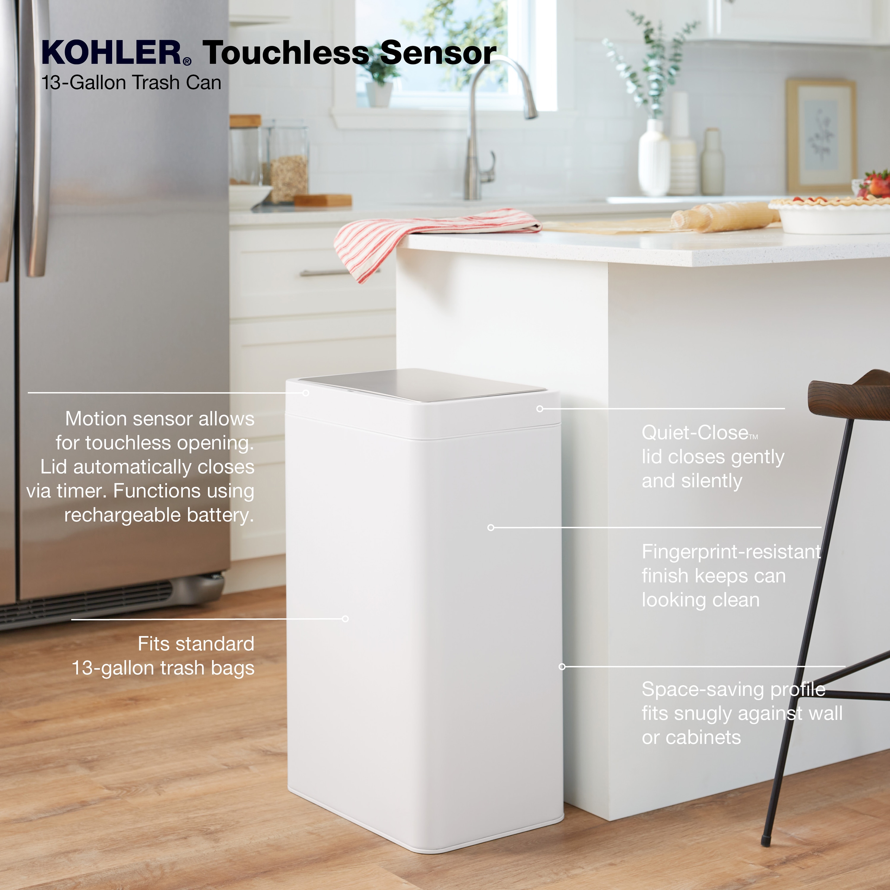  Kohler 13 Gallon Hands-Free Kitchen Step, Trash Can with Foot  Pedal, Quiet-Close Lid, Stainless Steel : Tools & Home Improvement