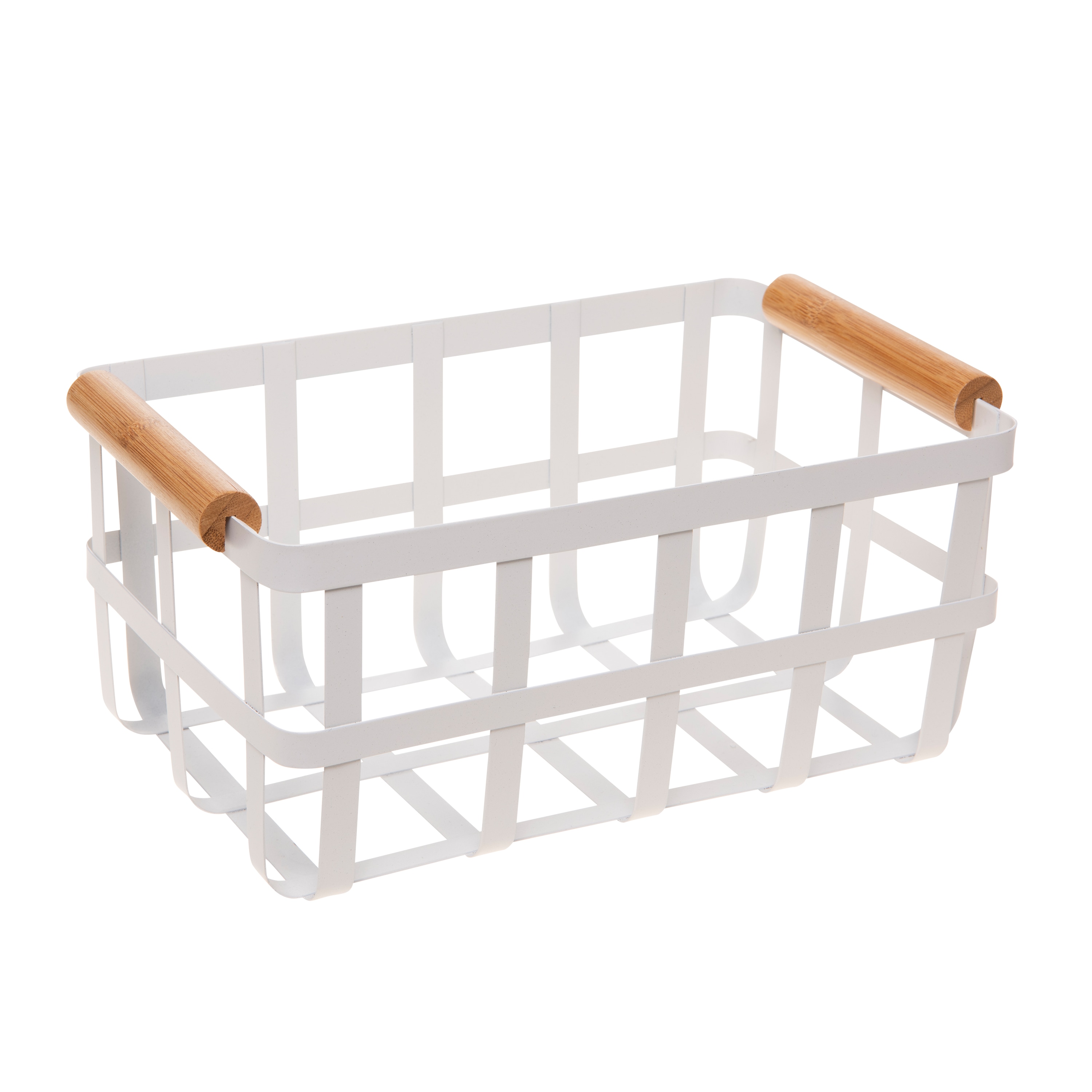 Simplify Metal Basket with Bamboo Handles in White