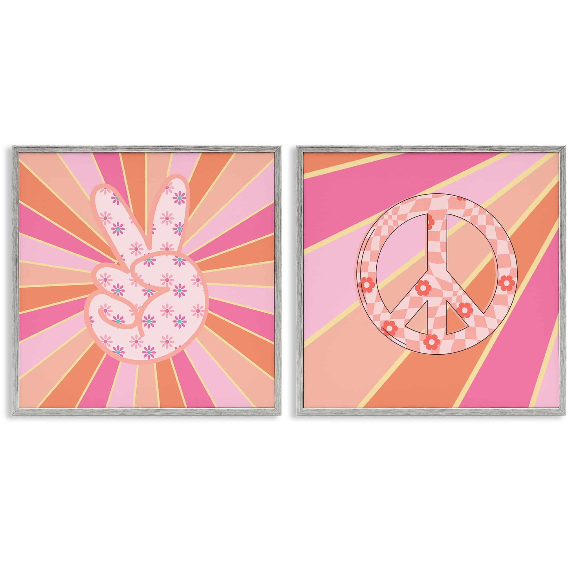 Stupell Industries B2-776-GFF-2PC-24X24 Groovy Peace Symbols on Stripes 2 Piece Gray Framed Giclee Art Set By Jesse Keith 24 x 24