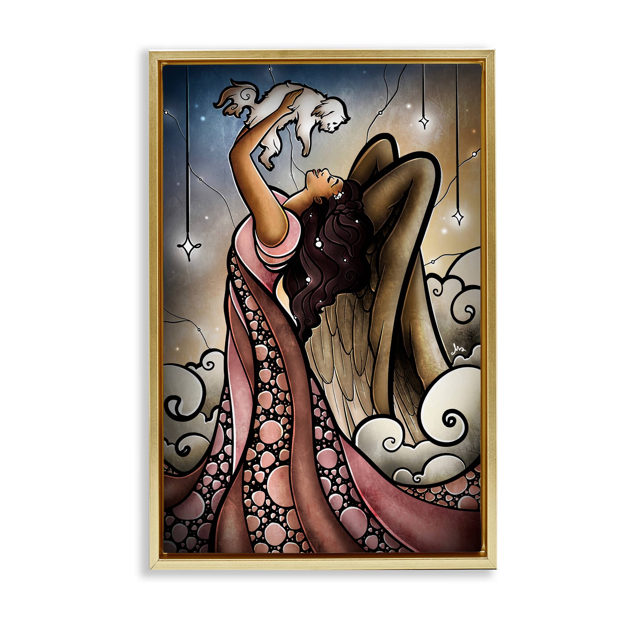 Stupell Industries BS-986-FFG-16X24 Angel with New Puppy Gold Framed Floater Canvas Wall Art By Mandie Manzano 17 x 25