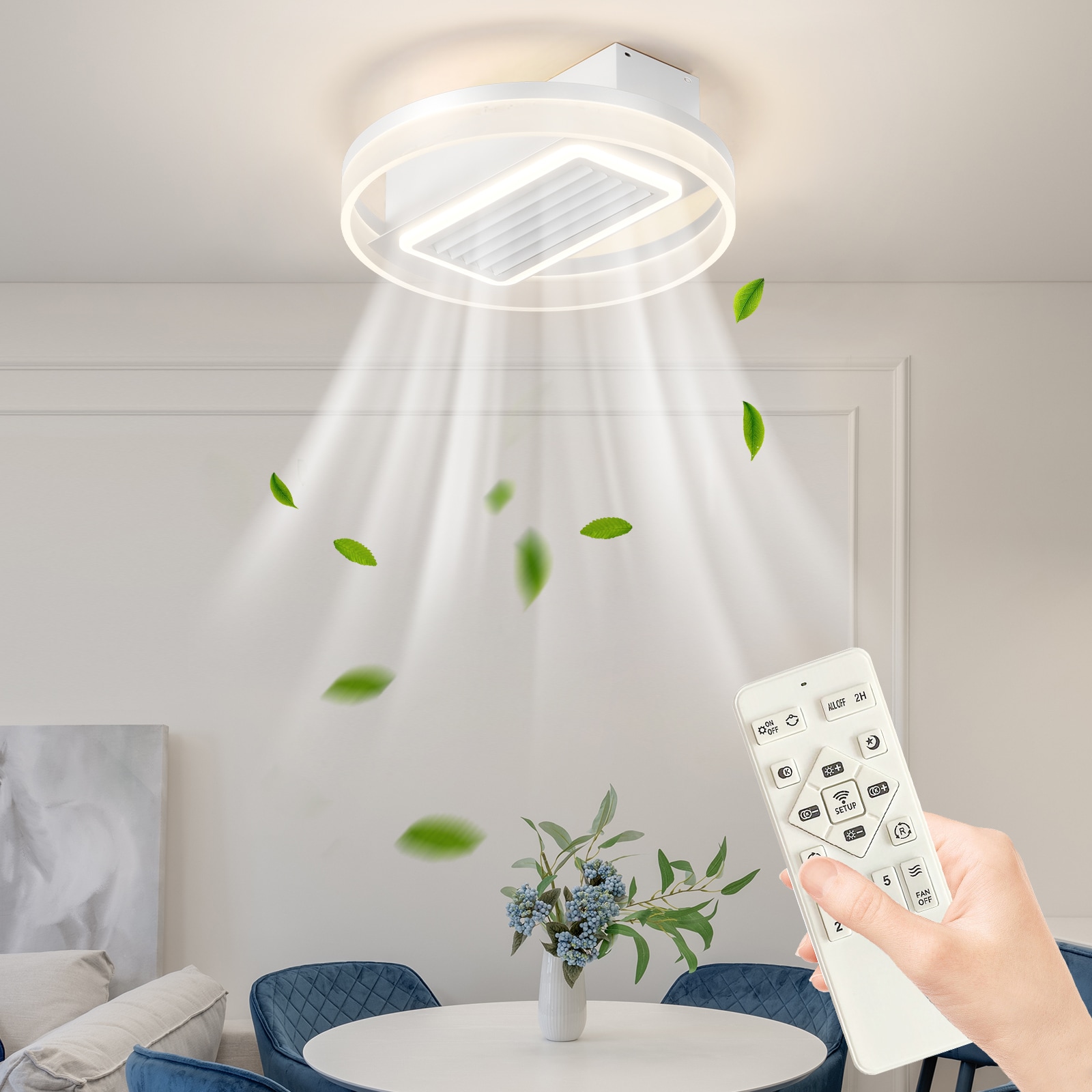 HKMGT DJ-FSD-11 20-in Color-Changing Integrated LED Outdoor Flush Mount White with Fandelier Ceiling Fan With Light and Remote ( 1 -Blade )