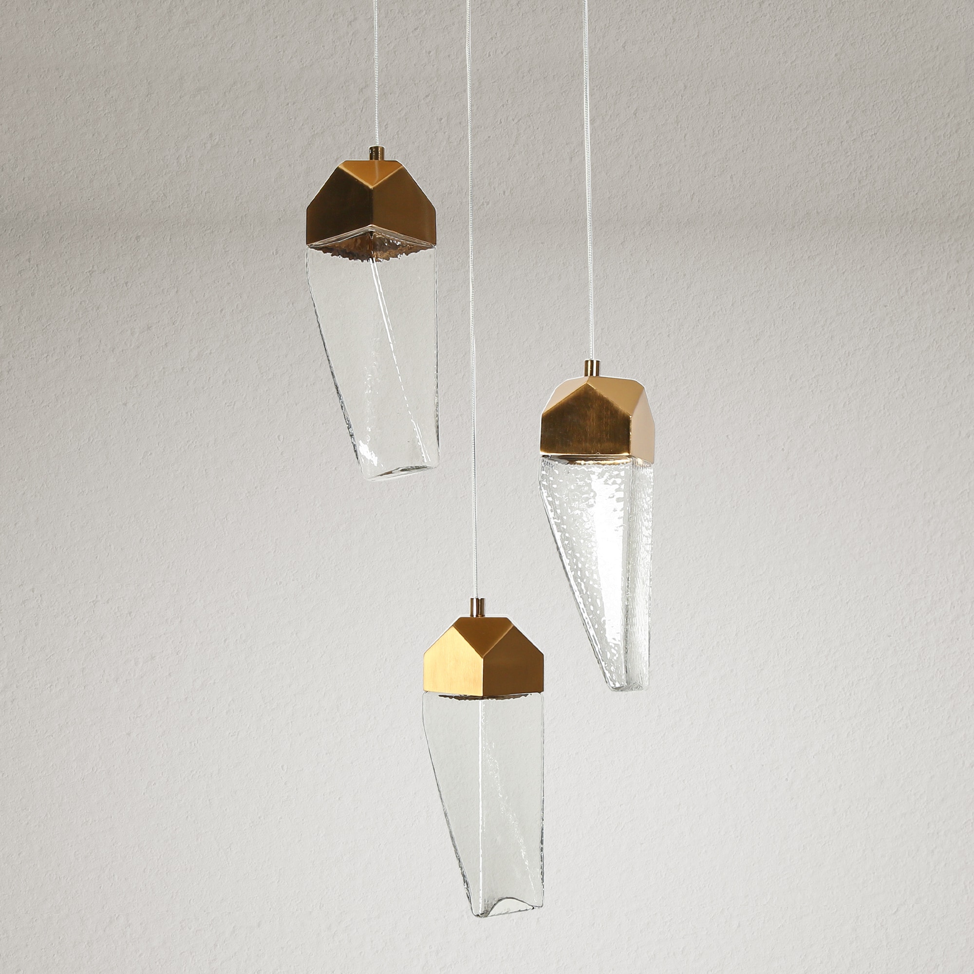 Polished Gold Brass and Crystal 3-Light LED Pendant Chandelier