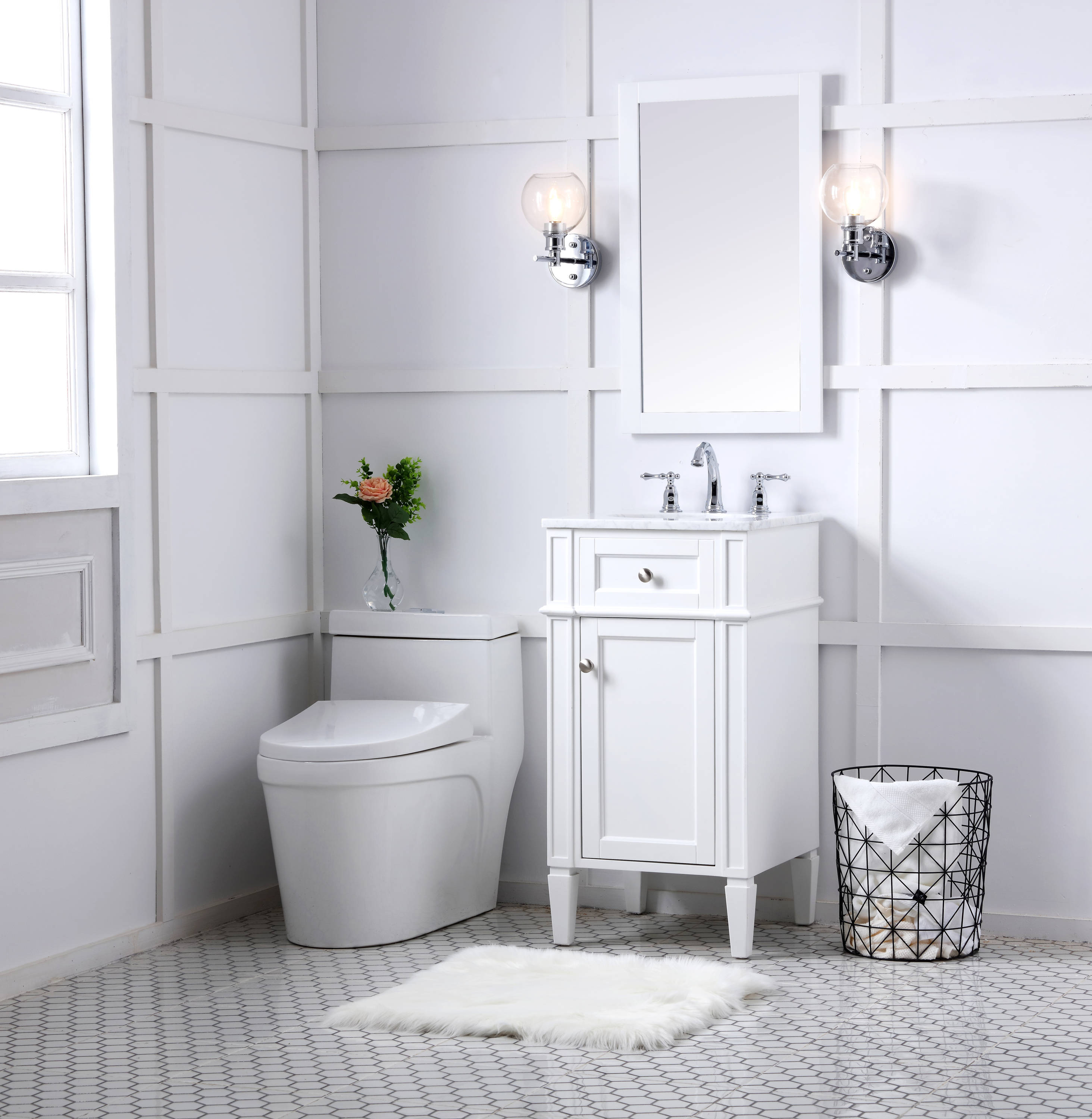 White Carrara Marble Single Sink Vanity with Storage Cabinet