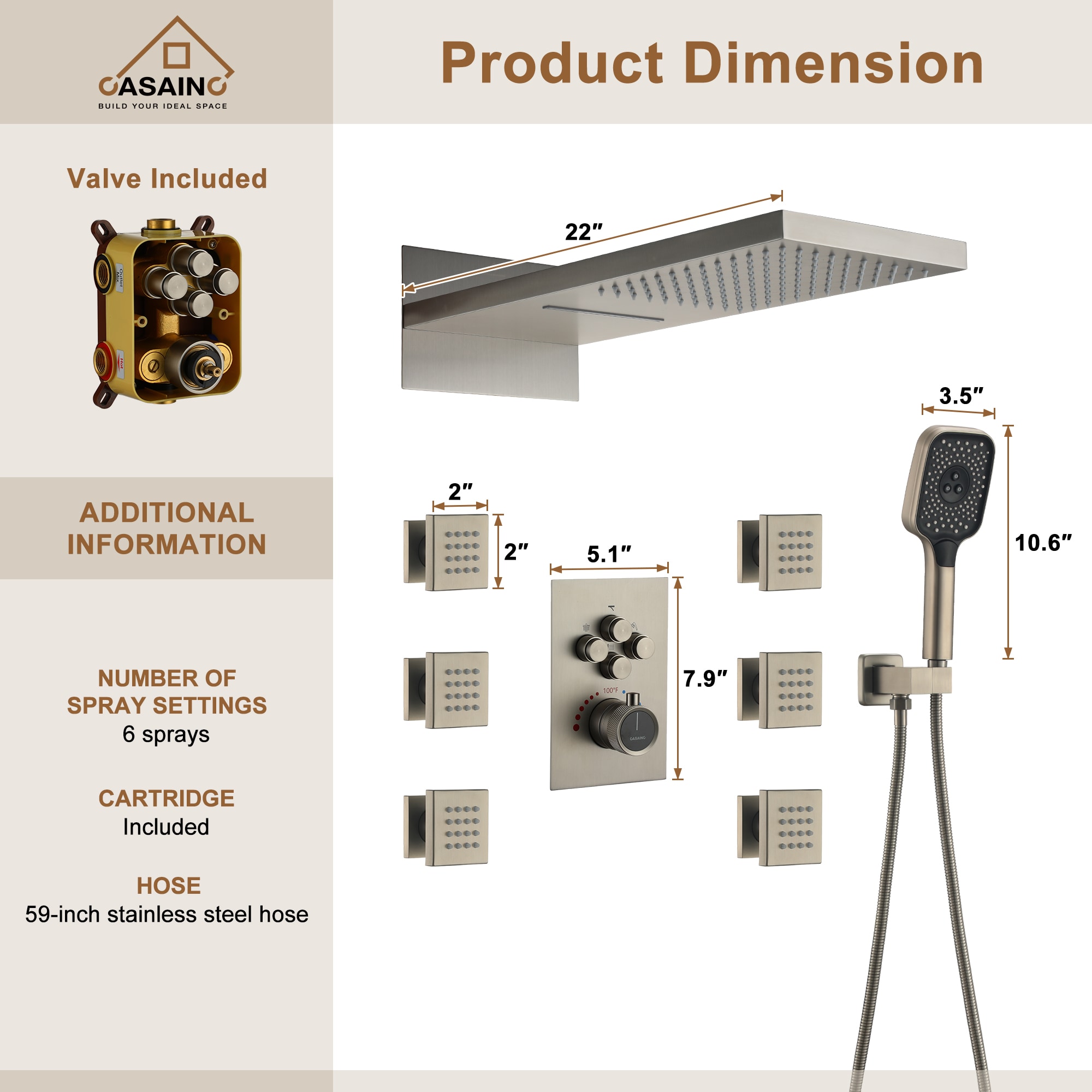 CASAINC CS6223-22BN Showerhead-Bar-Panels - View #5