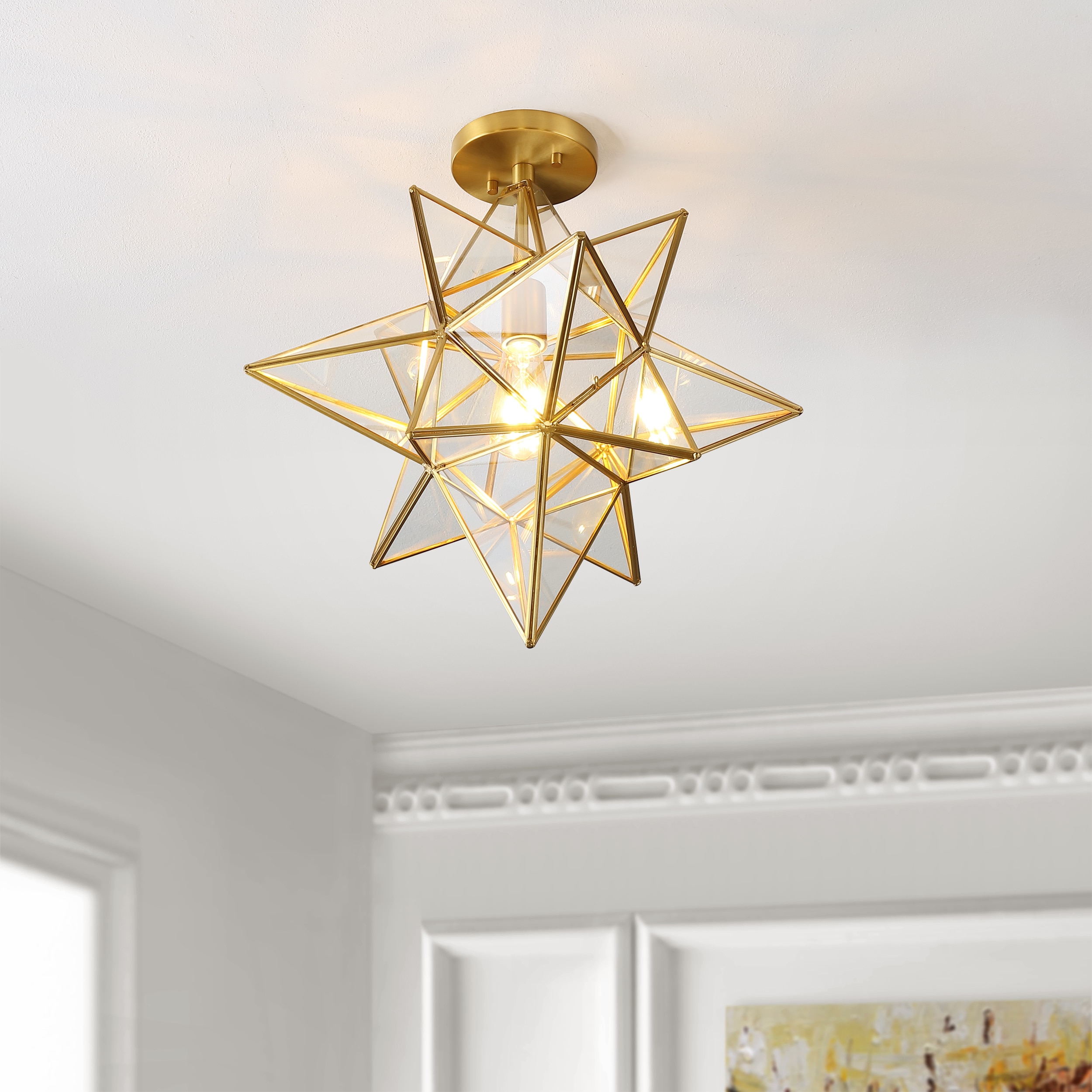 Abrielle 19" Antique Brass and Clear Glass Star Faceted LED Flush Mount
