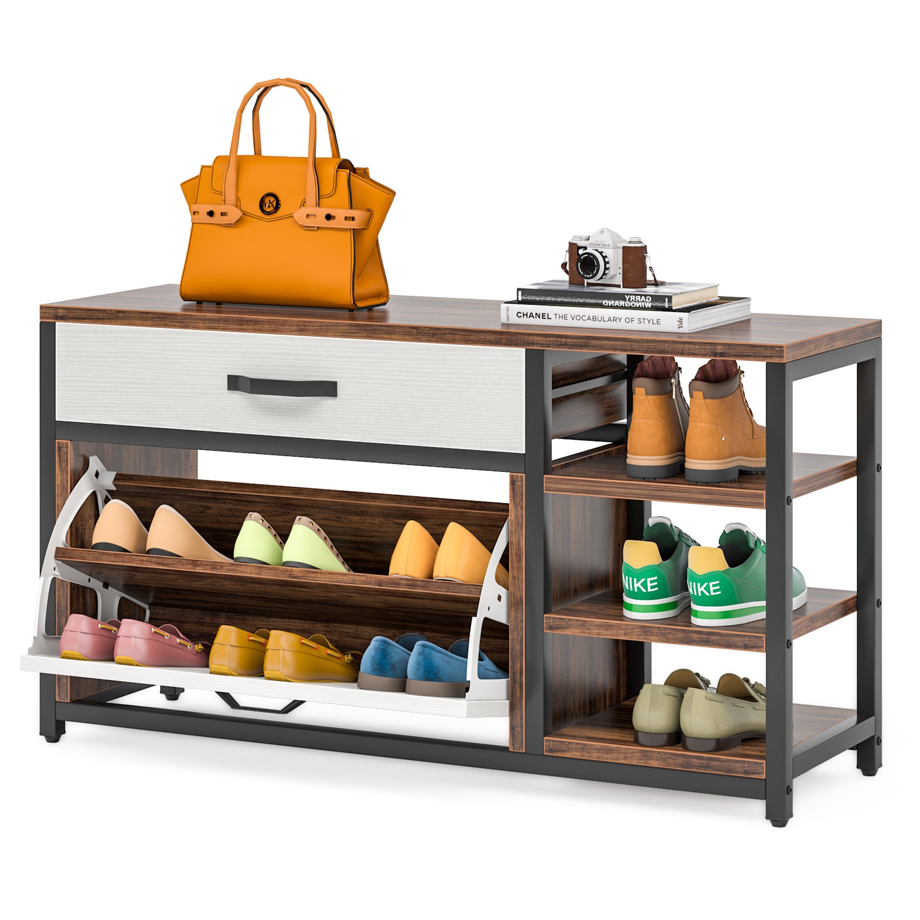 FUFU&GAGA 70.9-in H 8 Tier 14 Pair Black Wood Shoe Cabinet in the