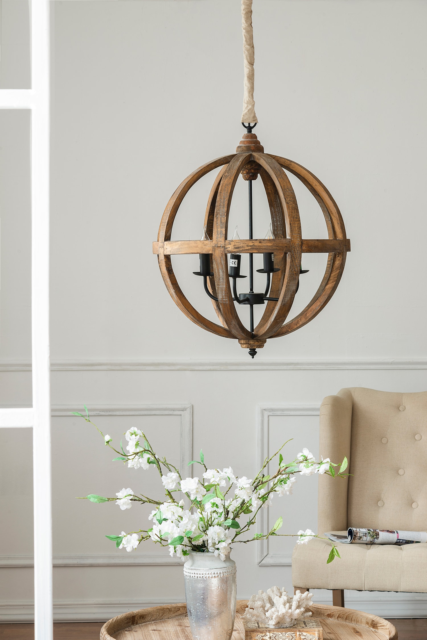 LOVMOR SF-Y-W2078138926 4 Light Wood Chandelier Hanging Light Fixture with Adjustable Chain for Kitchen Dining Room Foyer Entryway Bulb Not Included