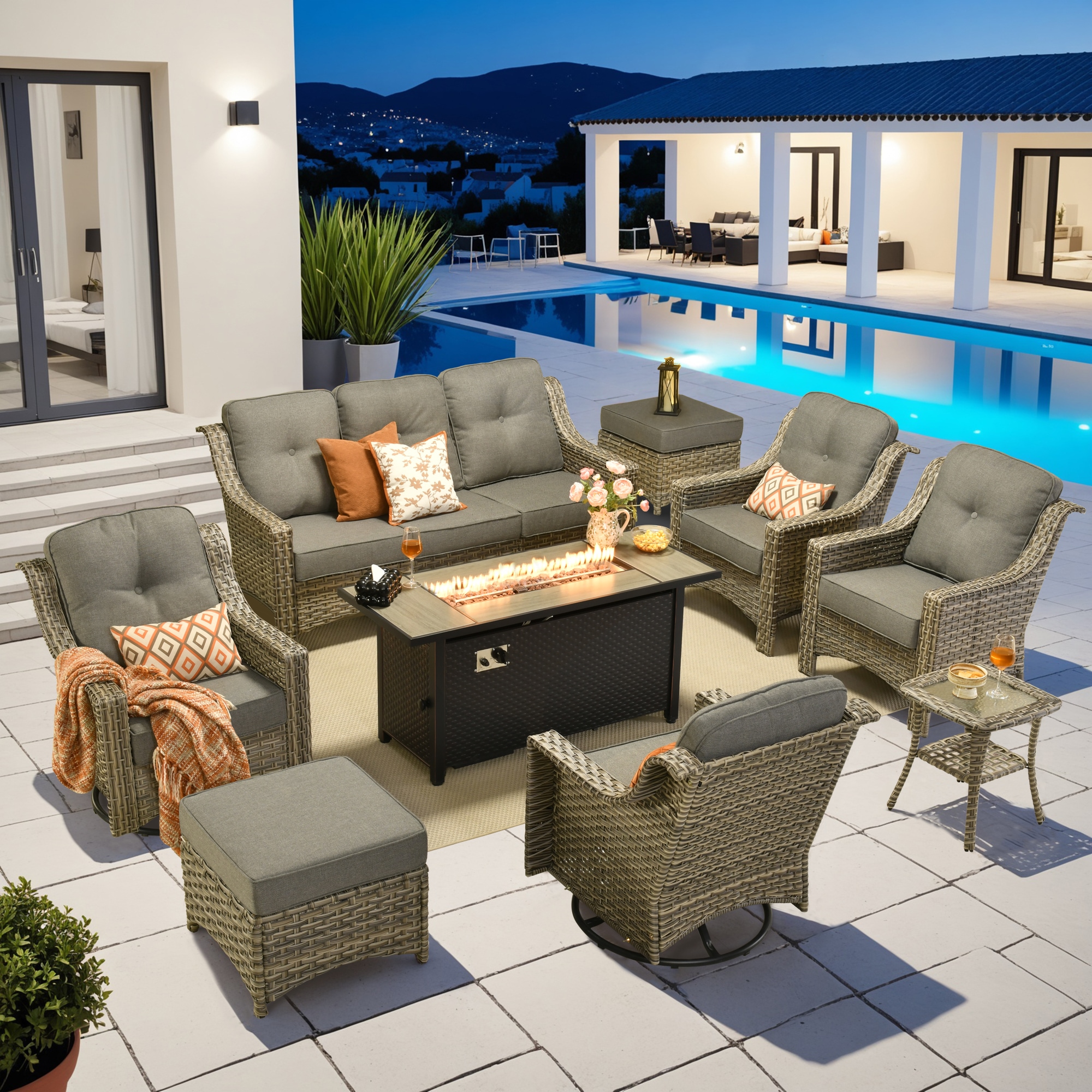 Pouuin SDFPYZPAD209 10 -Piece Wicker Patio Sofa Conversation Set with Dark Gray Cushions
