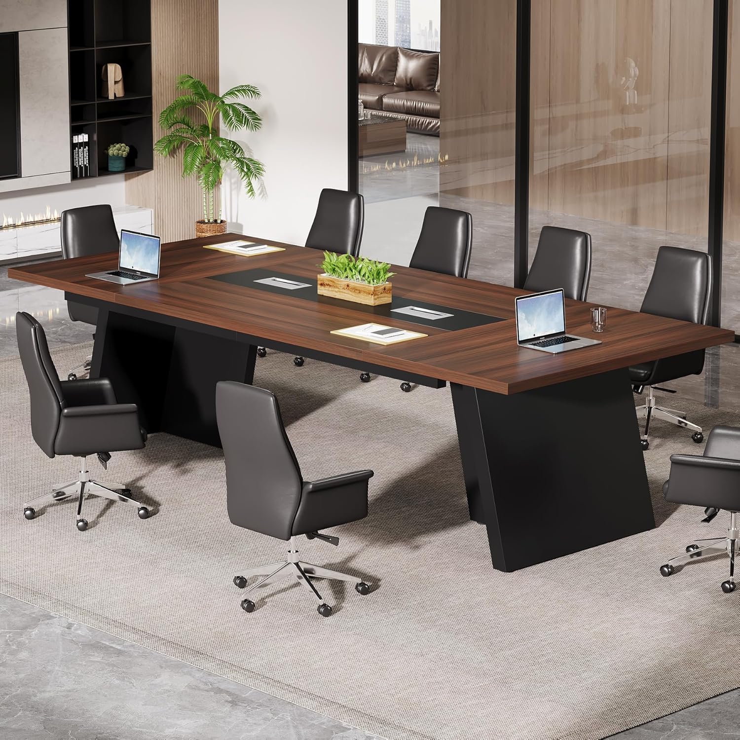 Tribesigns Walnut and Black 8 to 10 Person Rectangular Conference Table 94.5 W x 29.9 H with Cable Management