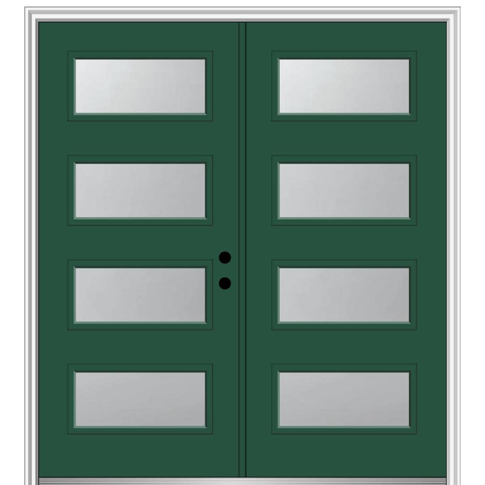 MMI DOOR ZZ346993L Spotlights 72-in x 80-in x 4-9/16-in Fiberglass Pulse lite Left-hand inswing Hunter Green Painted Prehung Double Front Door with Brickmould Insulating core