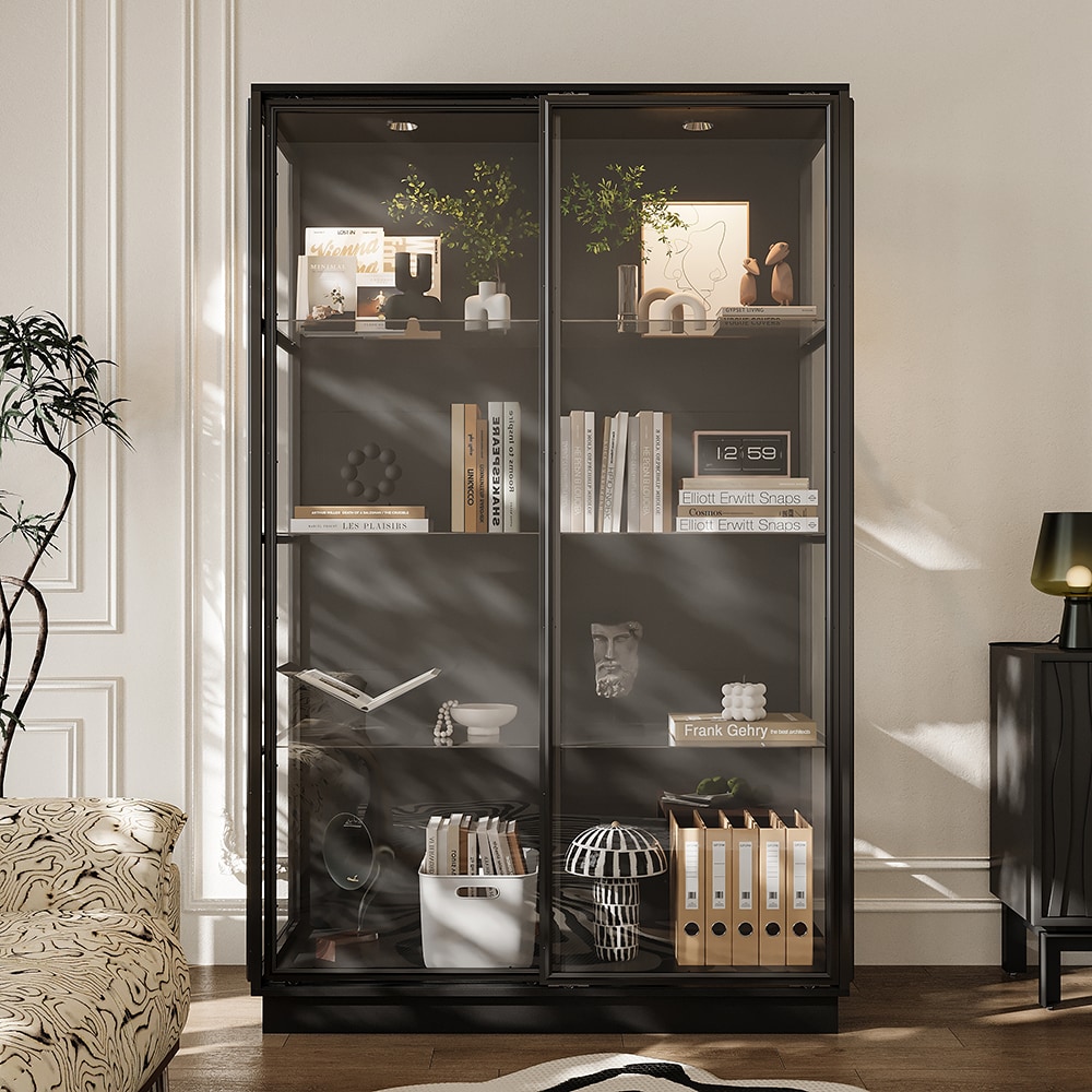 Homsee  Glass Sliding Door Display Cabinet with Two Lights Tempered Glass Shelves and Anti Tip Kits 48.1''L x 23.6''W x 74.8''H Black