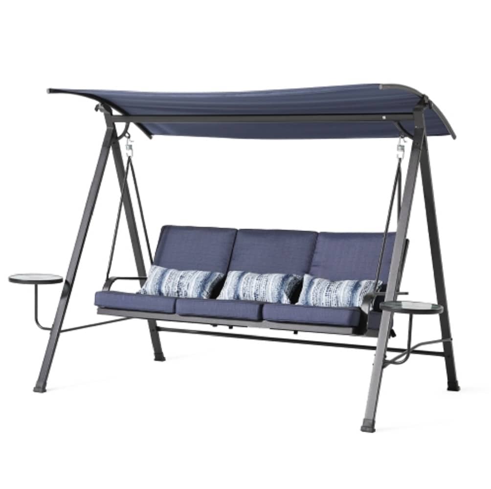 ZAKLOOP W2089135477 Swing Porch Swing with Canopy Black Rocking Chair with Blue Sling Seat
