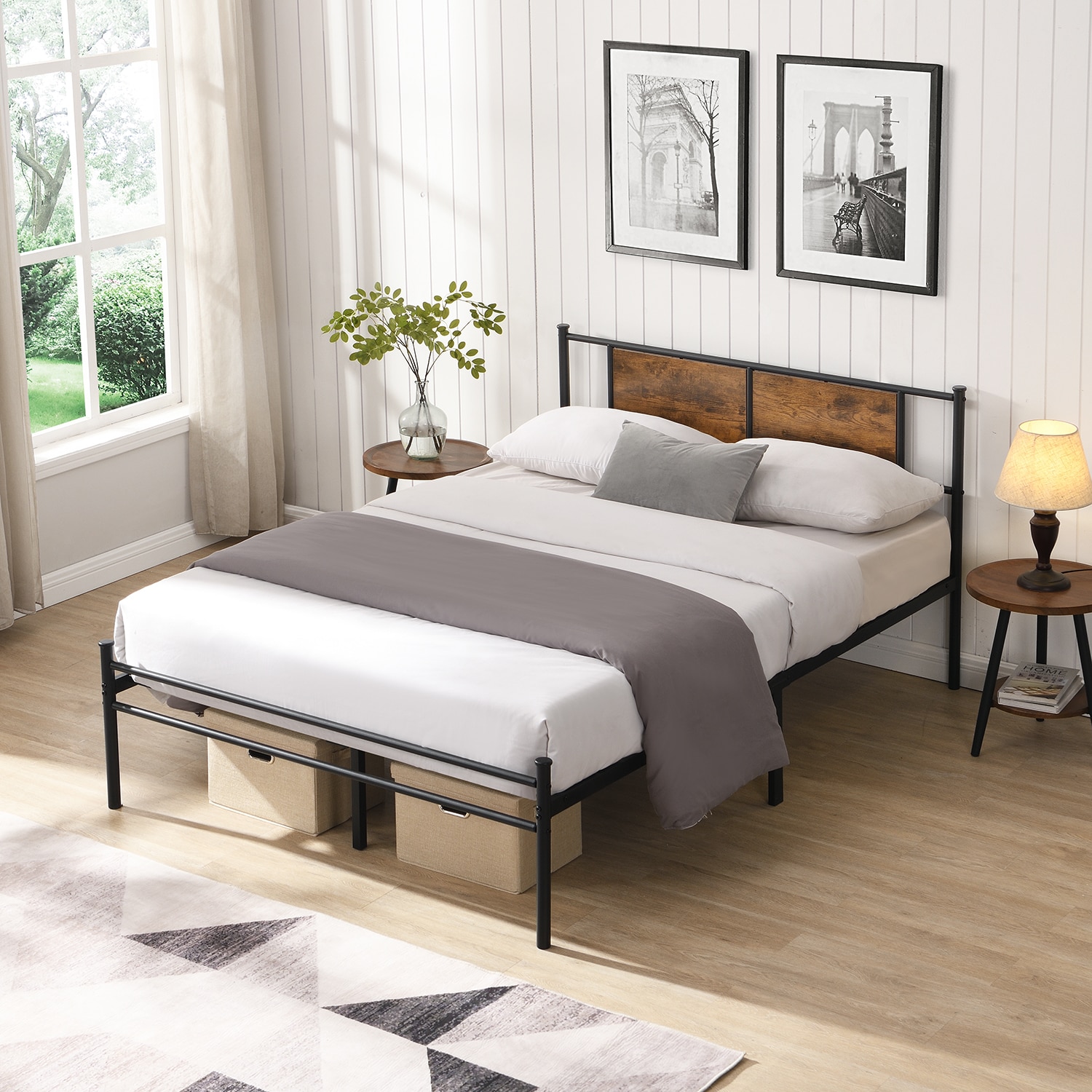 GZMR GZ-TC48422 Full Size metal bedframe Black+Brown Full Metal Bed frame Bed