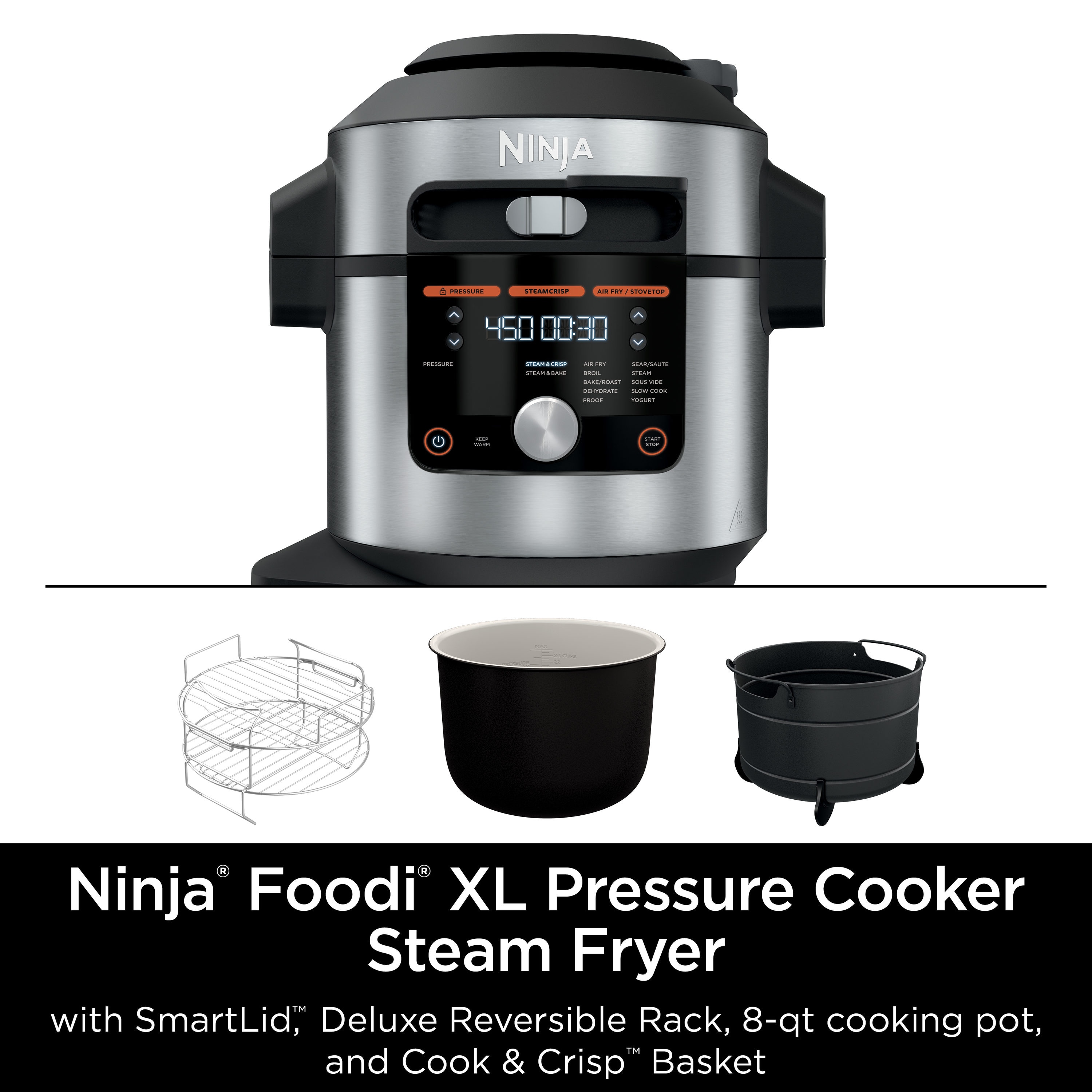 Ninja® Foodi™ Deluxe Pressure Cooker & Air Fryer w/ 9 Pre-Set Functions,  Stainless Steel, 8-qt
