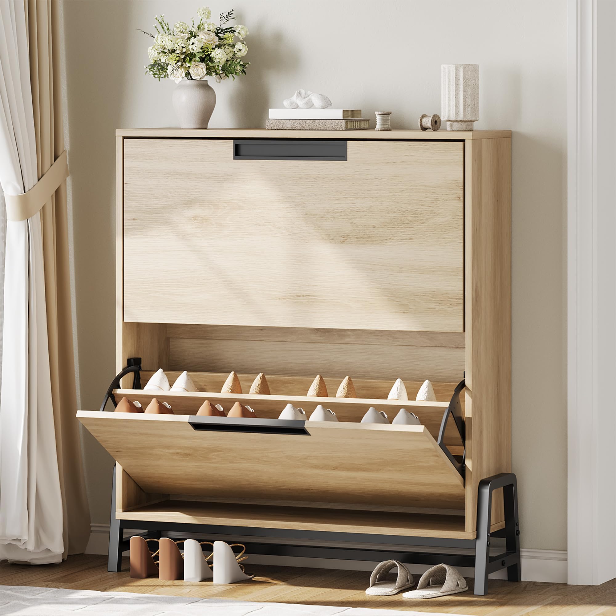 Garvee Shoe Cabinet Storage with 2 Flip Drawers Hidden Shoe Storage Cabinet for Entryway Adjustable Shoes Rack for Home Hallway Living Room 9.5 Inches Depth 31.5 Inches Width  37 Inches Height