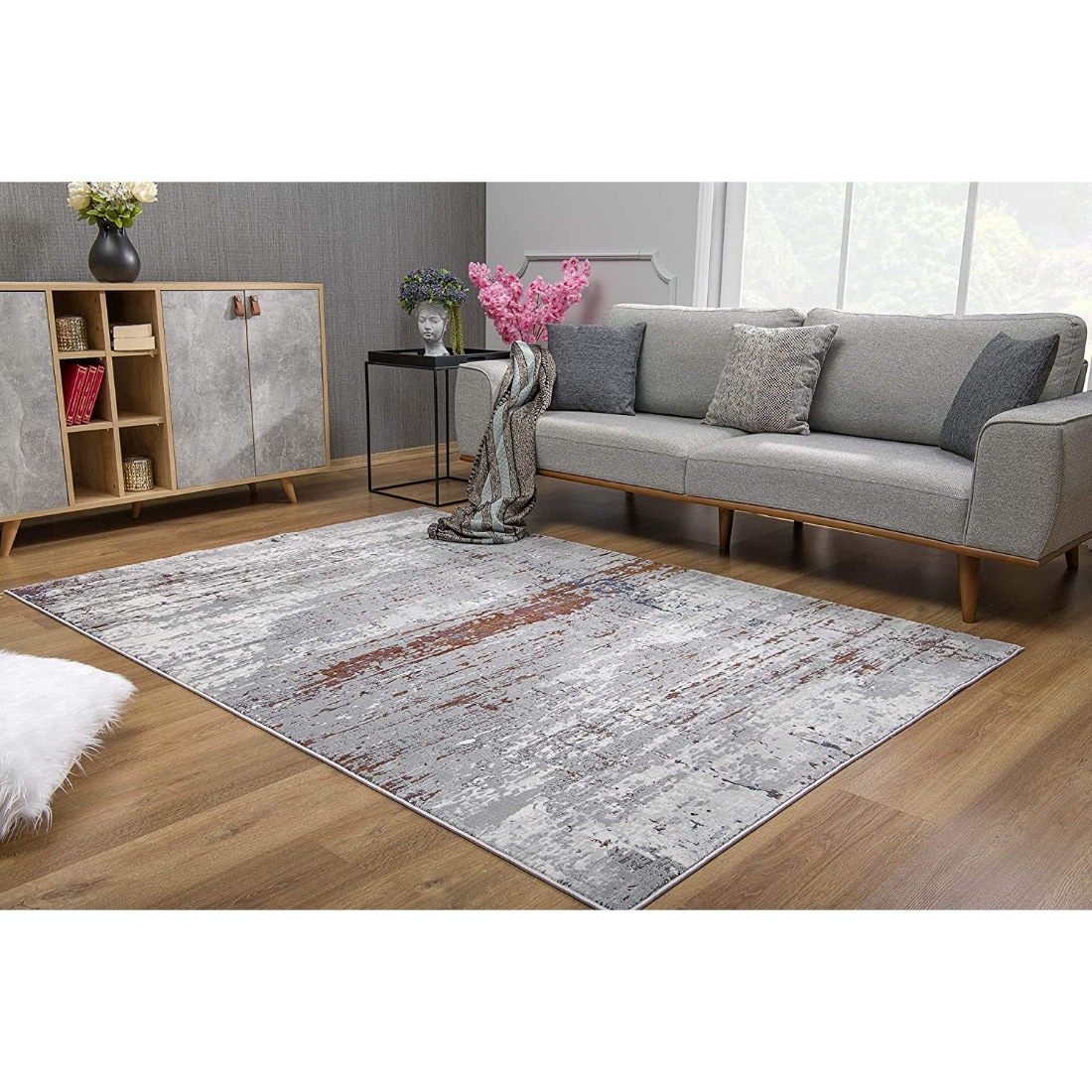 HomeRoots 4000391802 7 x 10 (ft) Polyester Gray Brown Rectangular Indoor Abstract Area rug