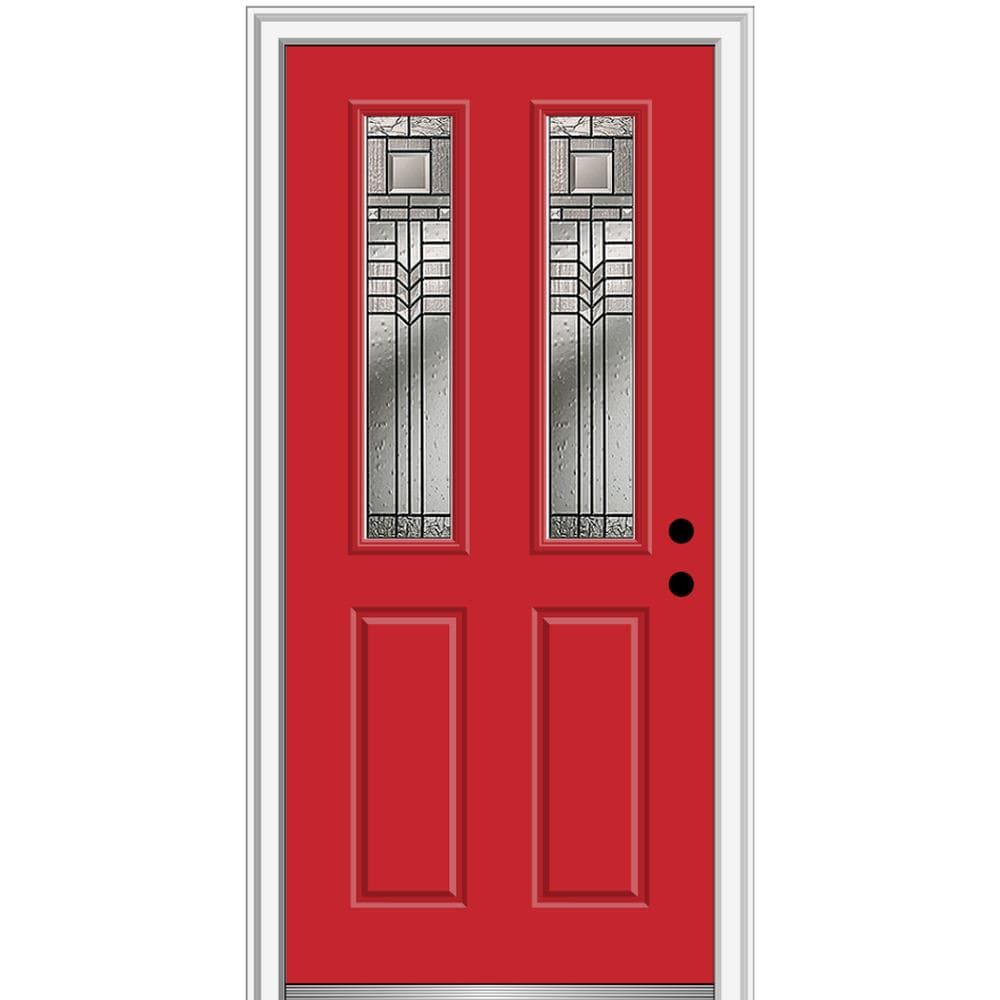 MMI DOOR ZZ3664225L 32-in x 80-in x 4-9/16-in Fiberglass Twin lite Left-hand inswing Red Saffron Painted Prehung Front Door with Brickmould Insulating core