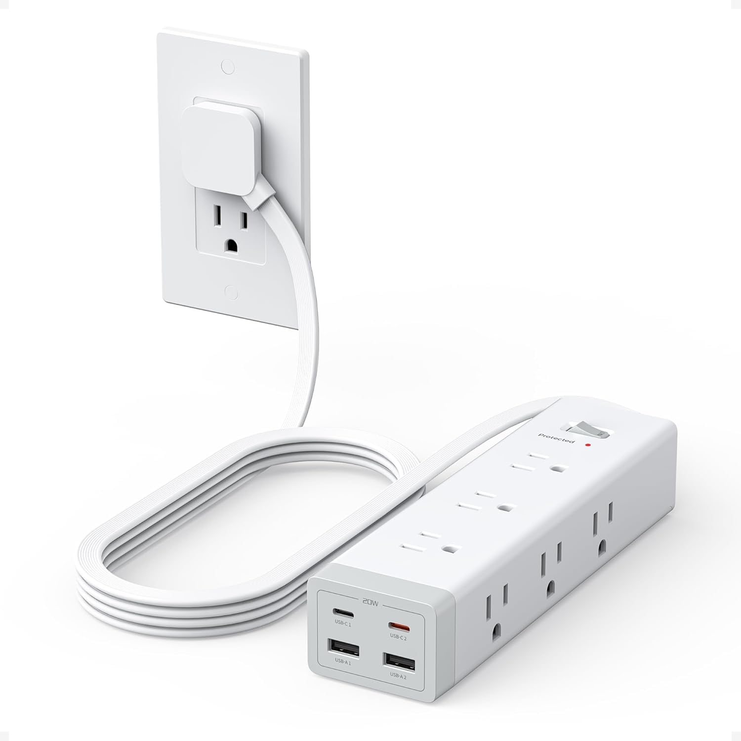 MaseiKar Surge Protector Power Strip PD 20W - Ultra Thin Flat Plug 6 FT Extension Cord - 9 Outlets 4 USB(2 USB C) - 1050J Protection Multiple Outlets Charging Station for Home Office College Dorm Room